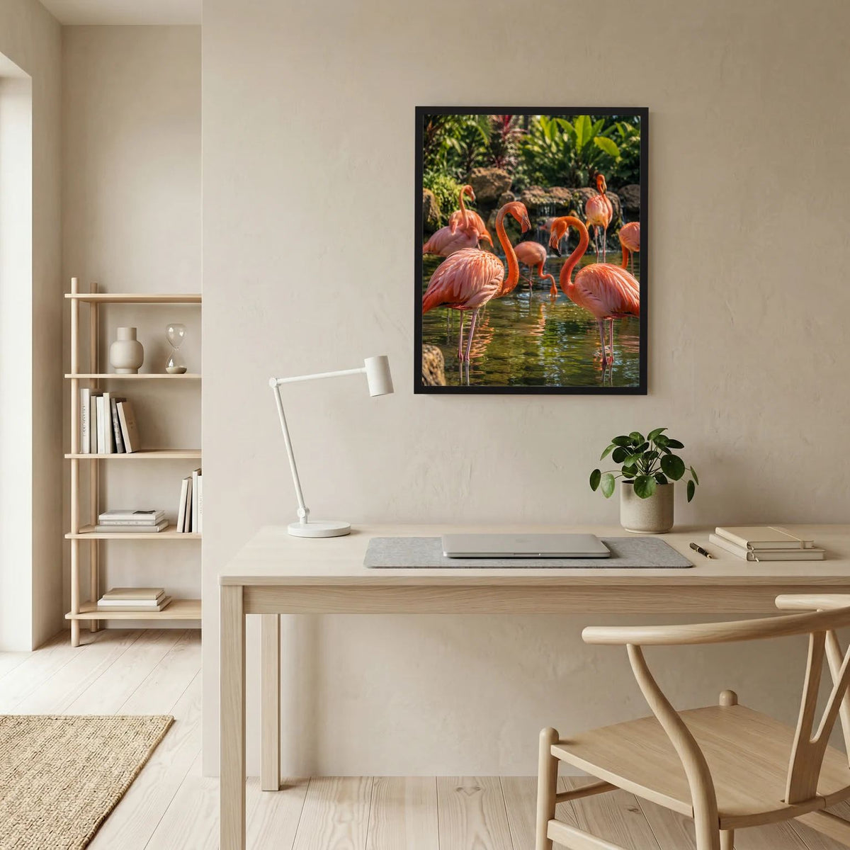 Gerahmtes Poster im Hochformat: Flamingos im Teich mit grüner Pflanzenlandschaft