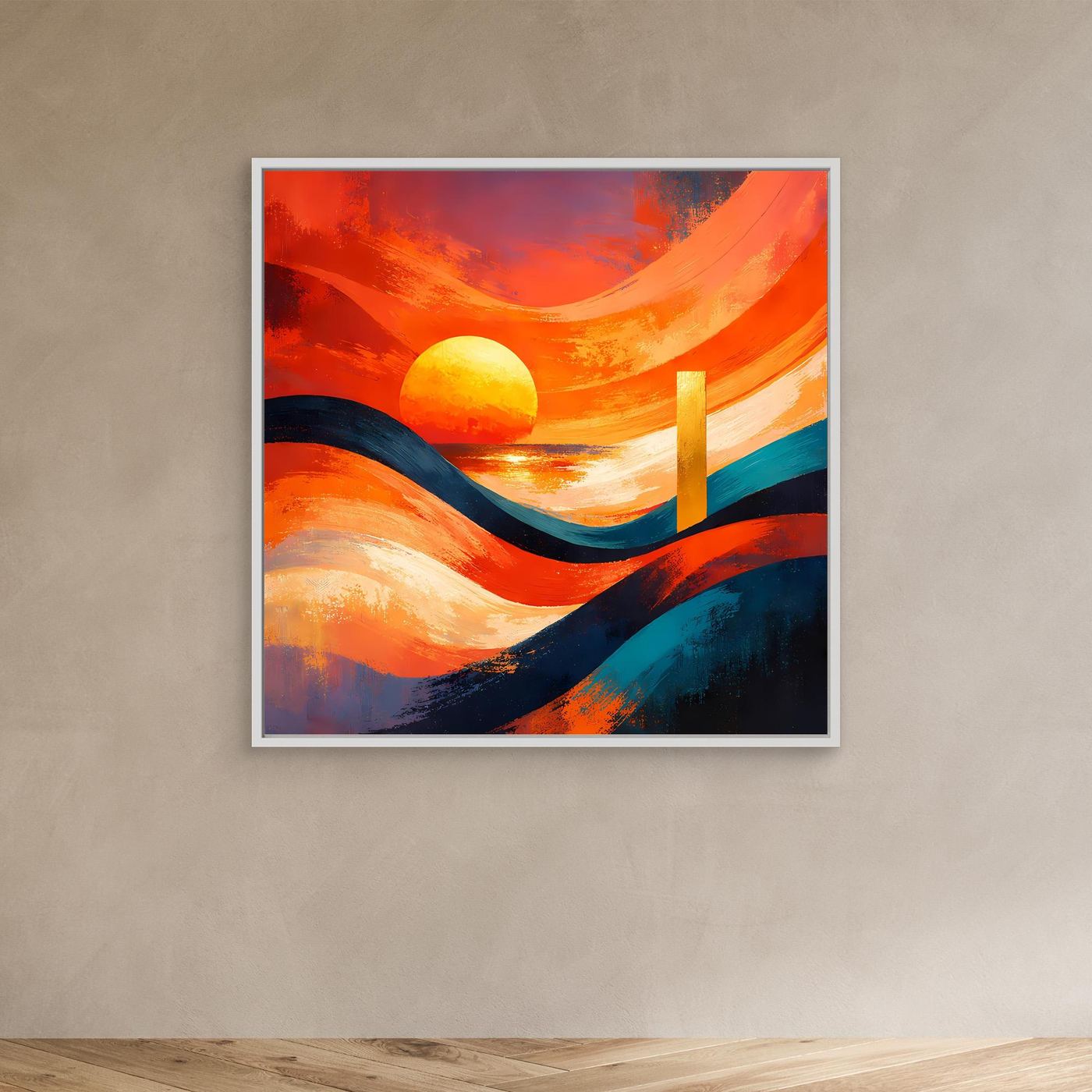 Leinwandbild mit silberfarbenem Rahmen: abstrakte Wellen und Sonne im Orange-Blau-Design