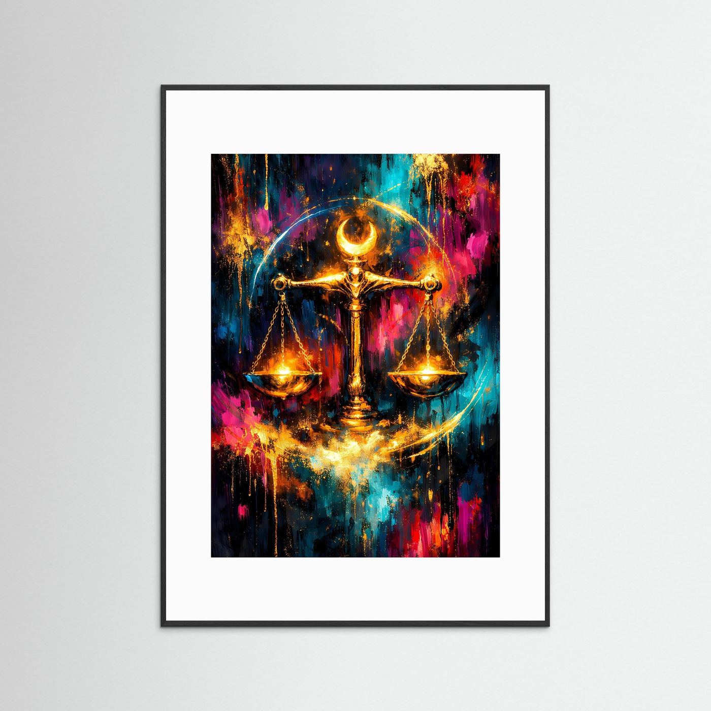 Wandposter mit goldener Waage in schwarzem Rahmen und weißem Passepartout.