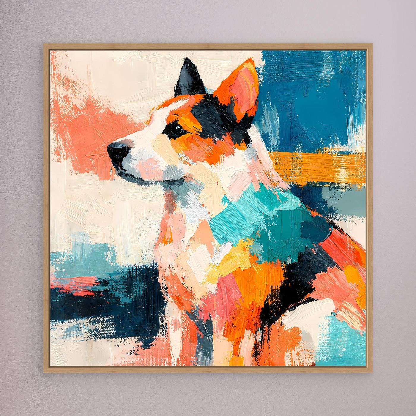 Leinwandbild mit hellem Holzrahmen: abstrakter Hund im Pop-Art-Stil, farbenfroh