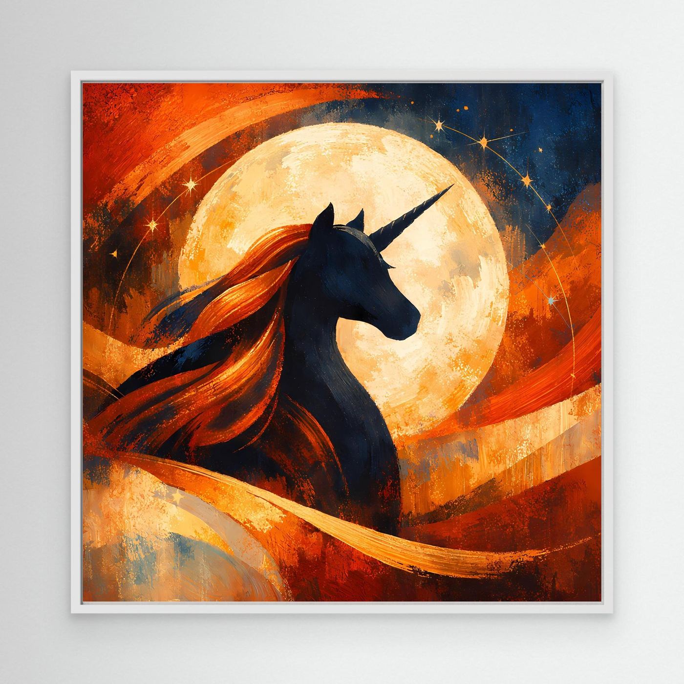 Leinwandbild mit Einhorn-Silhouette vor Vollmond, weiß gerahmtes Fantasy-Painting