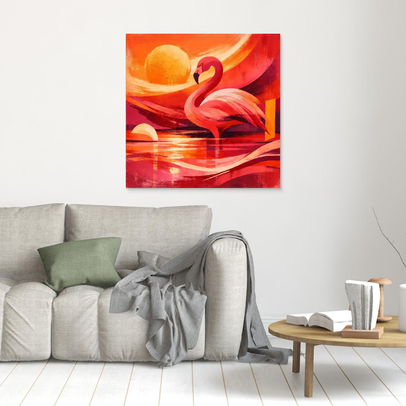 Wandbild Leinwand mit rotem Flamingo und Sonnenmotiv, ohne Rahmen