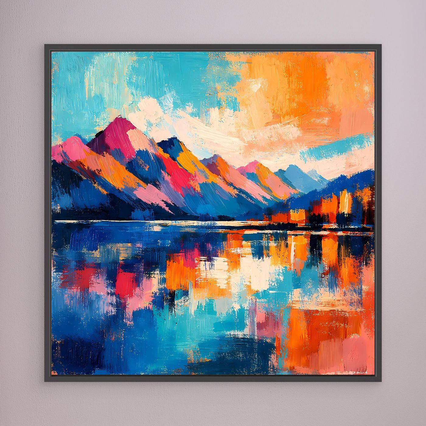 Gerahmtes Leinwandbild mit abstrakter Bergkette und Spiegelung am See, türkis-orange