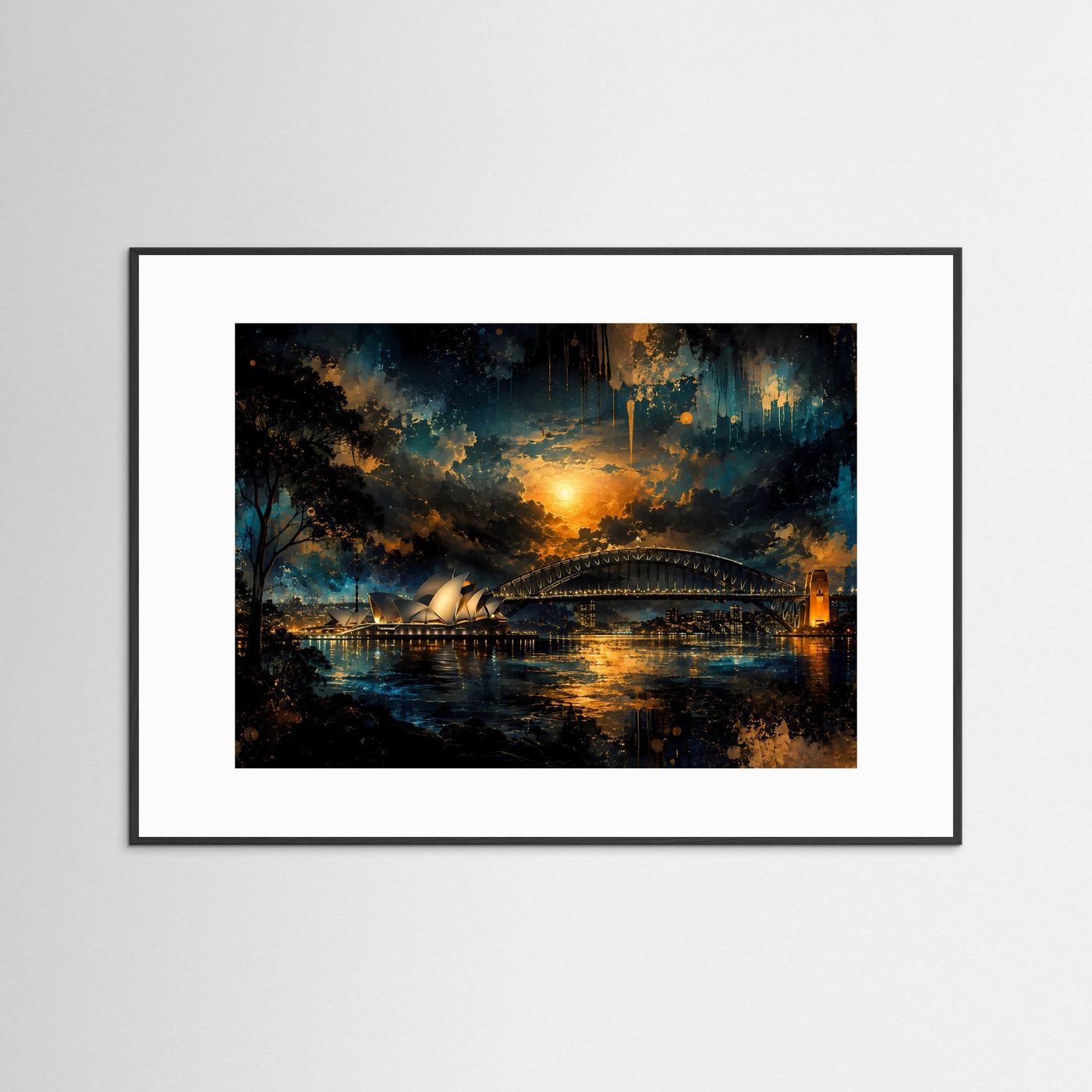 Sydney Poster | Sydney Opera House & Harbour Bridge bei Nacht | Australien Wandbild | Moderne Skyline Kunst | Gold Blau Fine Art | Premium Wanddekoration
