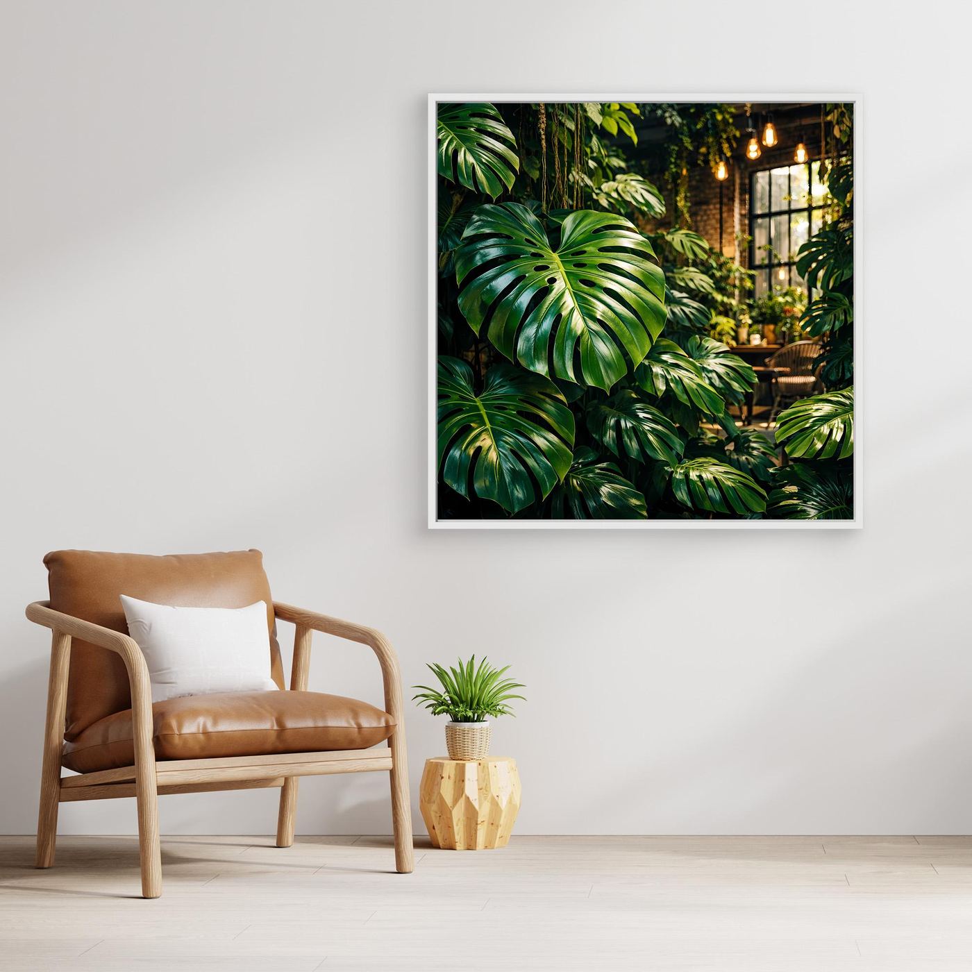 Leinwandbild mit grünen Monstera-Blättern und Dschungelweg, schwarz gerahmt