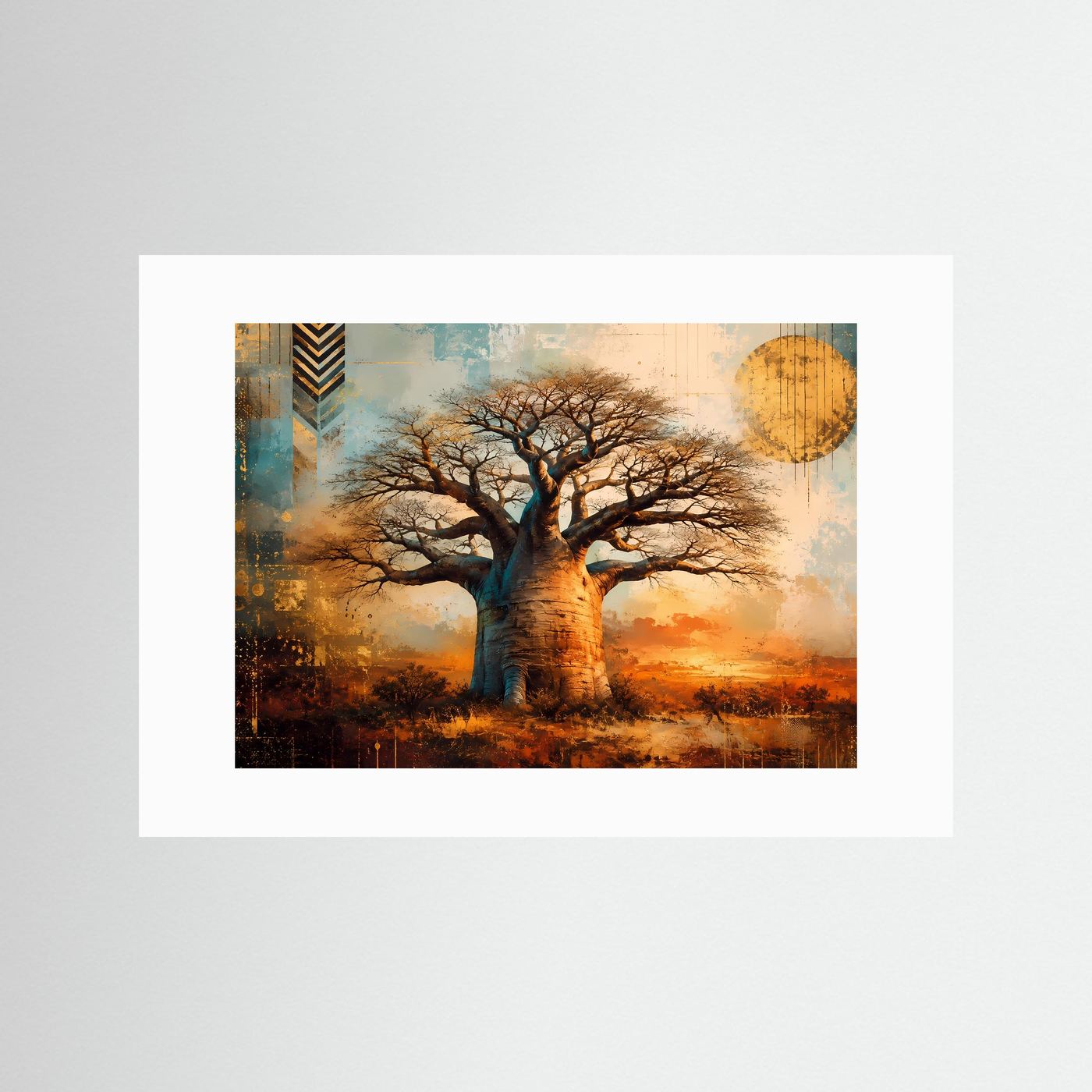 Majestätischer Baobab-Baum im Sonnenuntergang | Modernes Wandbild mit Natur-Motiv & Gold-Akzenten