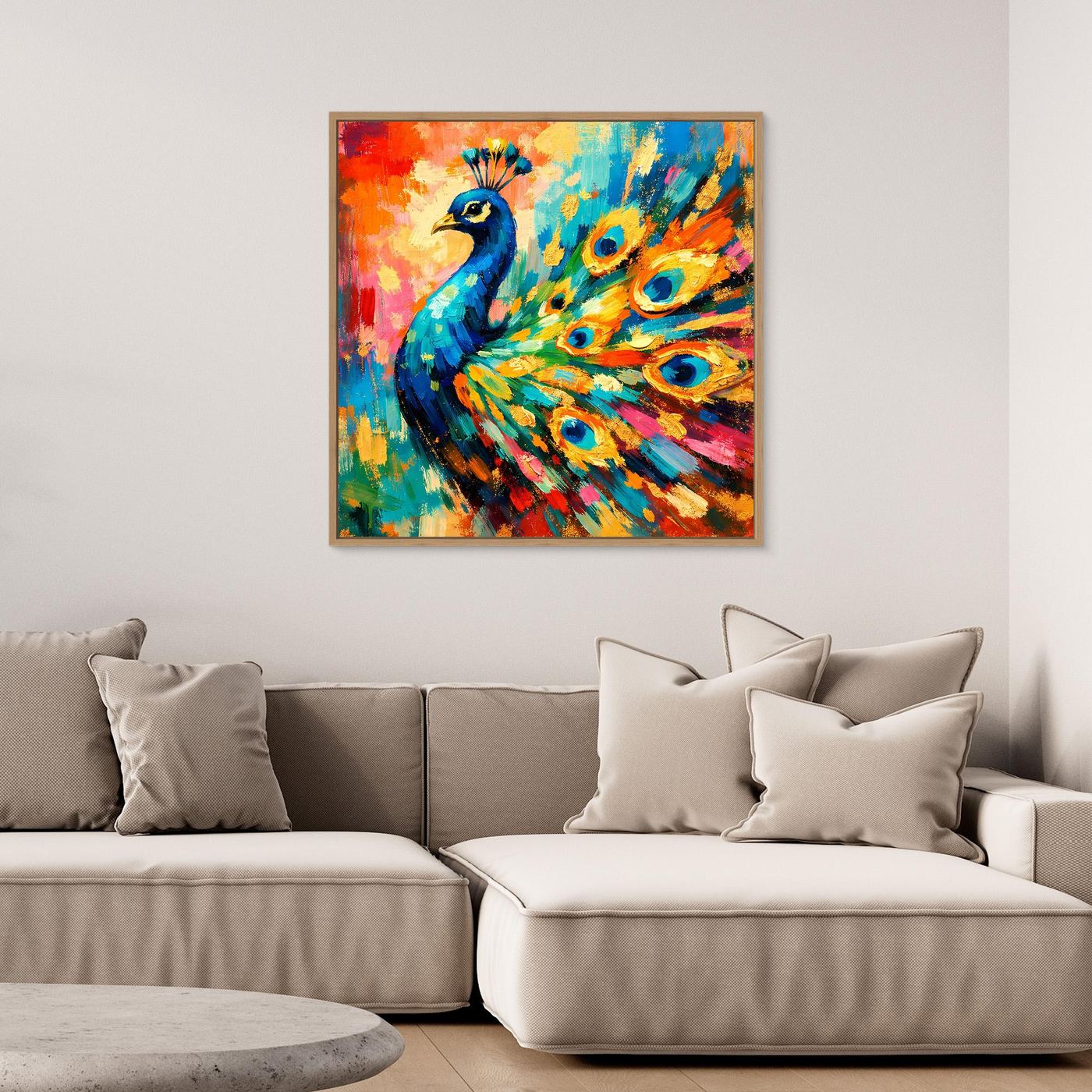 Quadratisches Leinwandbild mit abstraktem Pfau, bunte Farbflächen, mit Rahmen