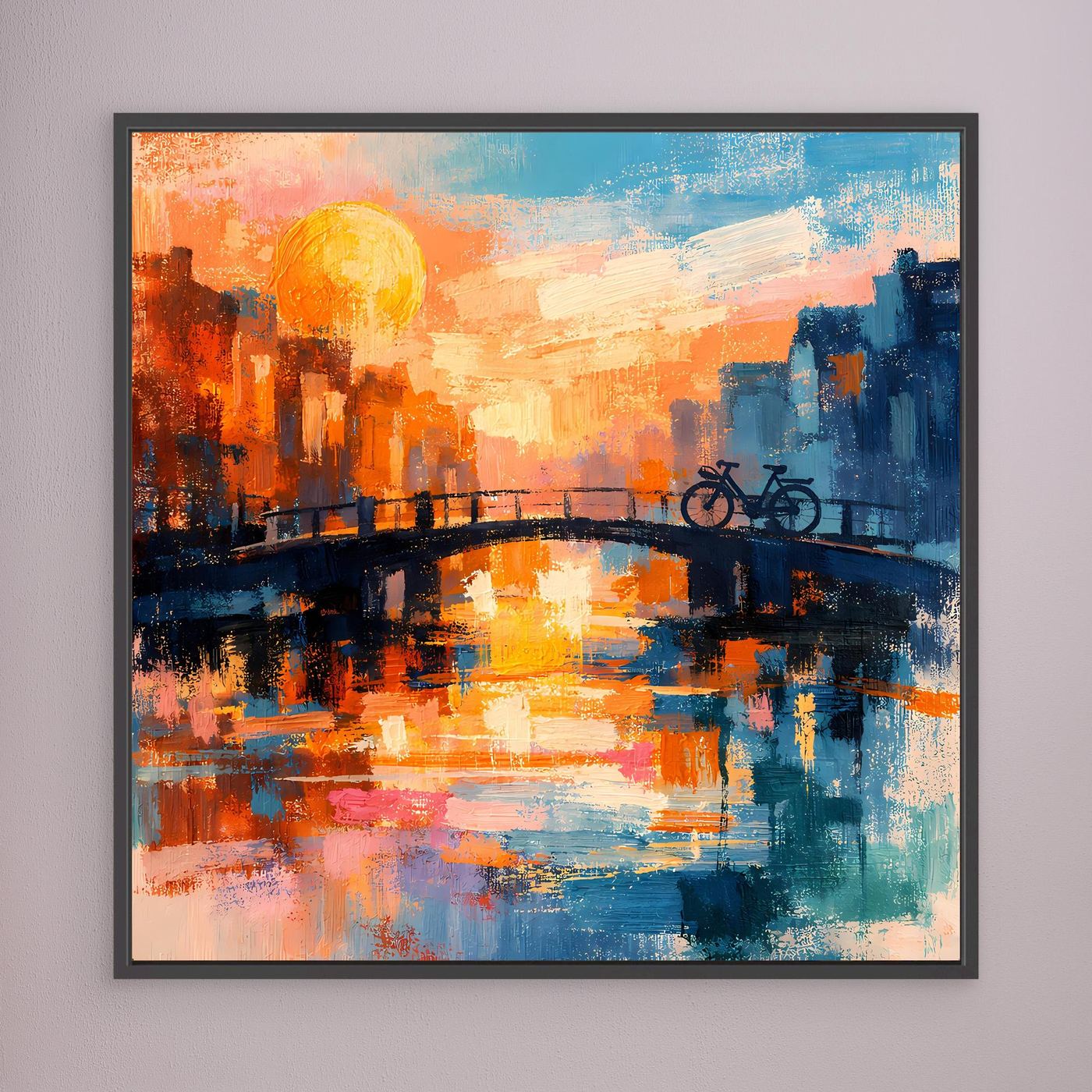 Leinwand Abstraktes Amsterdam Gemälde | Modernes Romantisches Grachten Wandbild mit Fahrrad