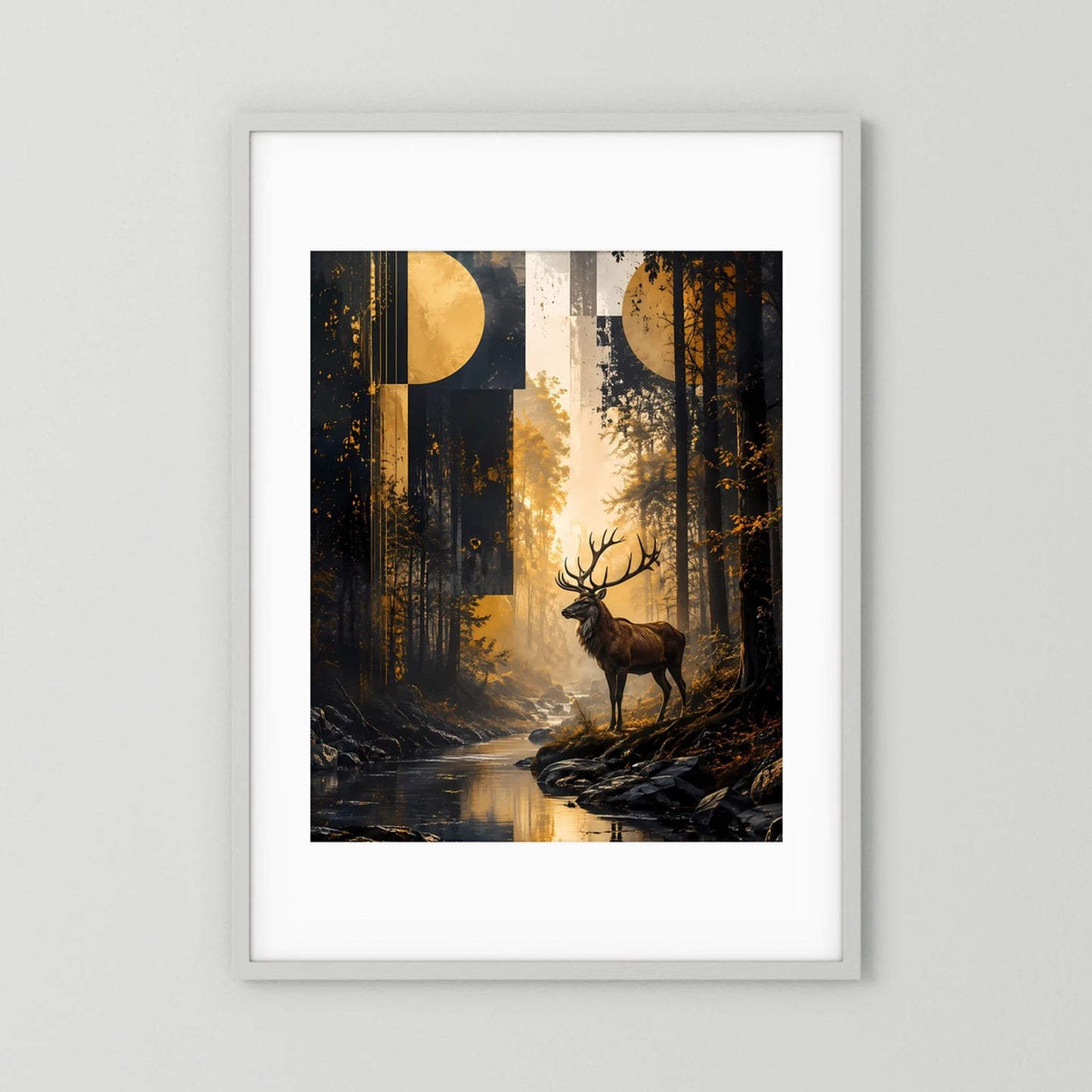 Hirsch-im-Wald-Poster mit weißem Rahmen und goldenem Mondlicht