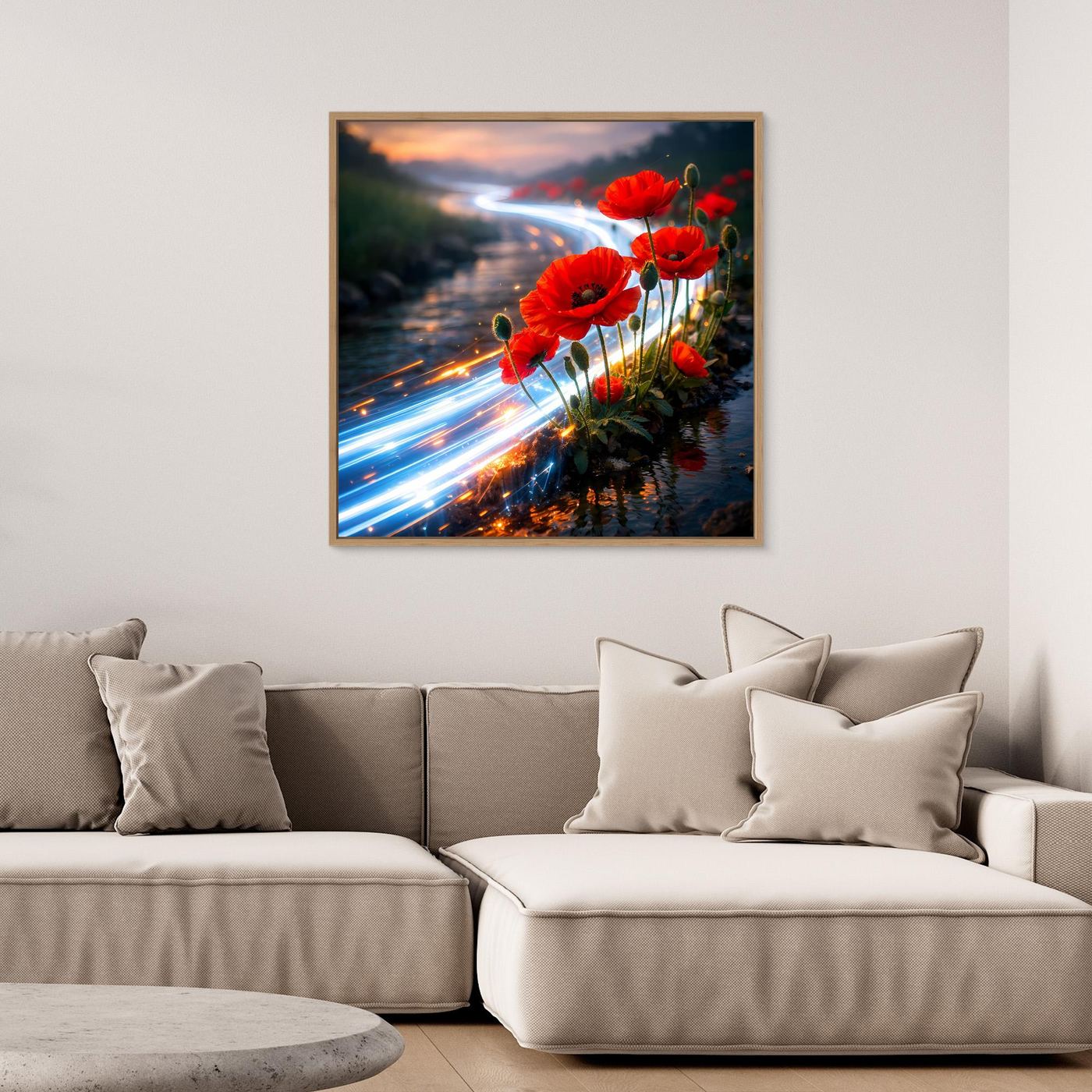 Leinwandbild mit roten Mohnblumen und Lichtfluss über Wasser, im hellen Holzrahmen