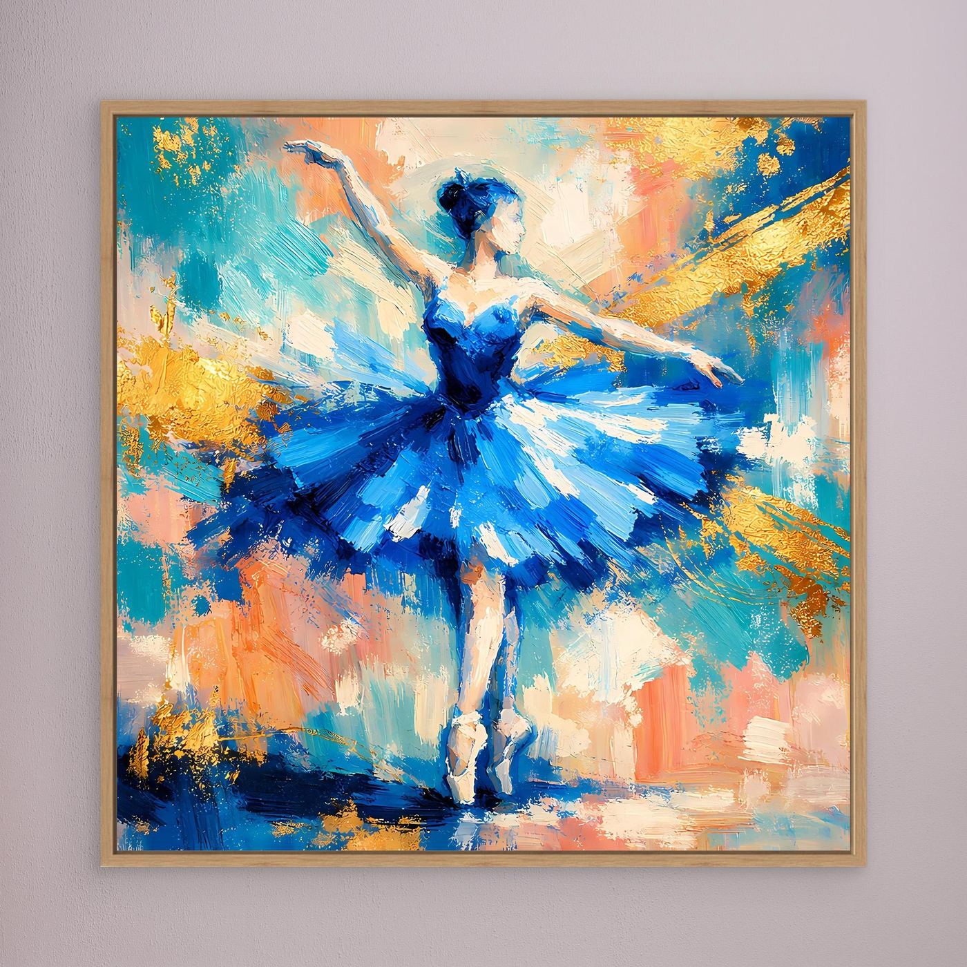 Leinwandbild mit abstrakter Ballerina in Blau, goldbraun gerahmt