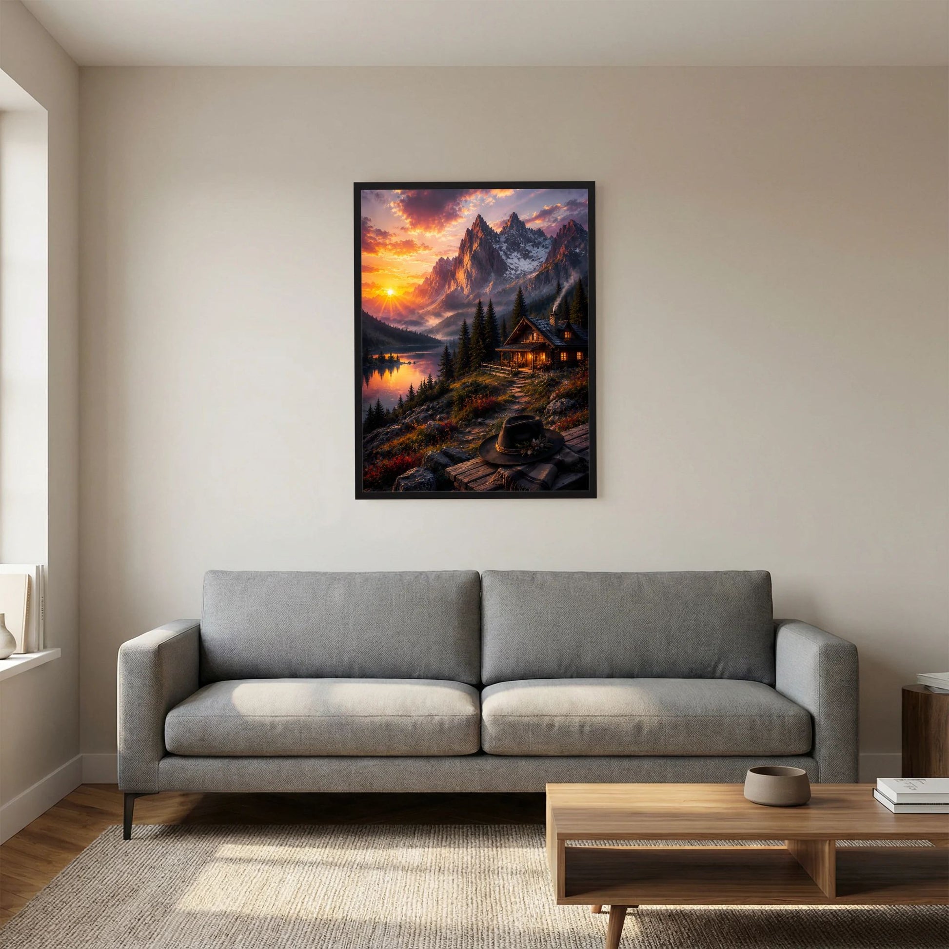 Hochformatiges Poster mit schwarzem Rahmen: Berge, Wald und Berghütte an Ufer bei Sonnenuntergang