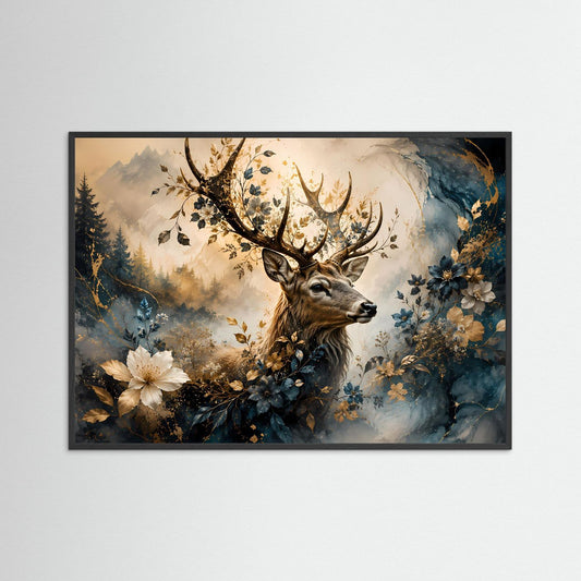 Wandbild mit Hirsch im Wald, Blumen-Arrangements, blau-goldene Farben, schwarzer Rahmen