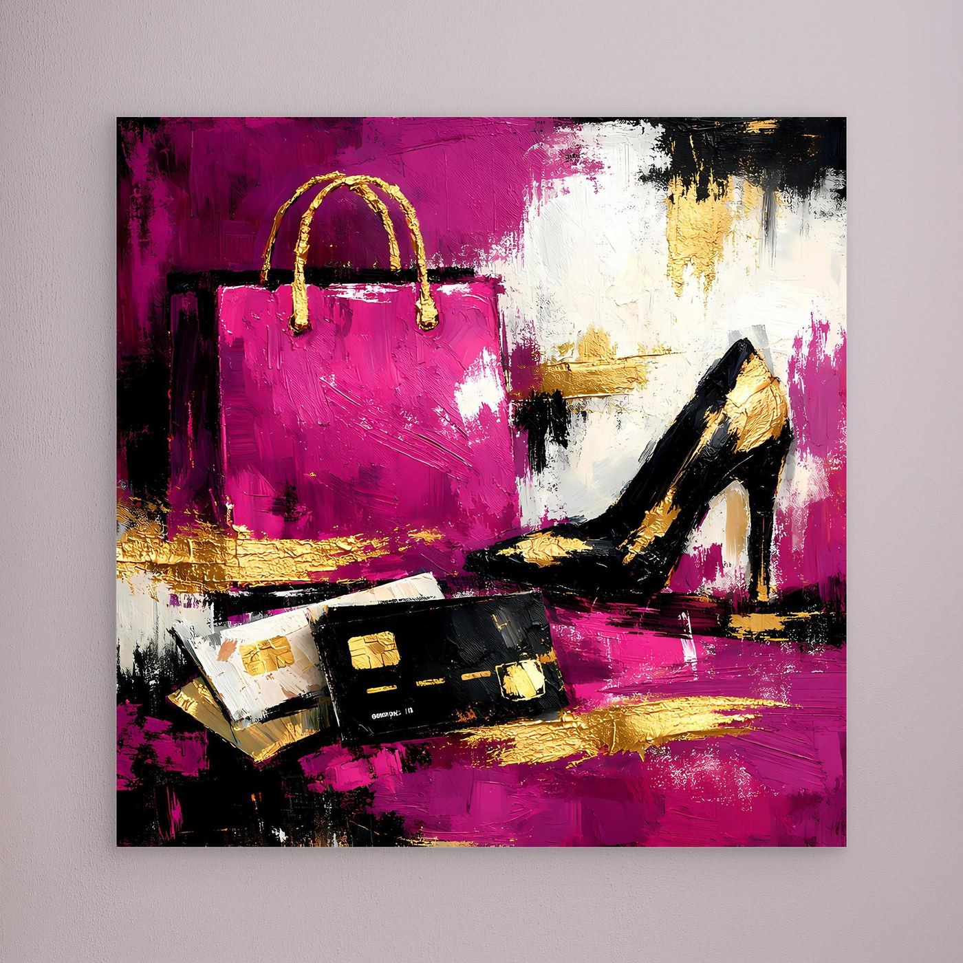 Leinwand Abstraktes Fashion Wandbild in Pink und Gold | Modernes High Heels & Shopping Gemälde
