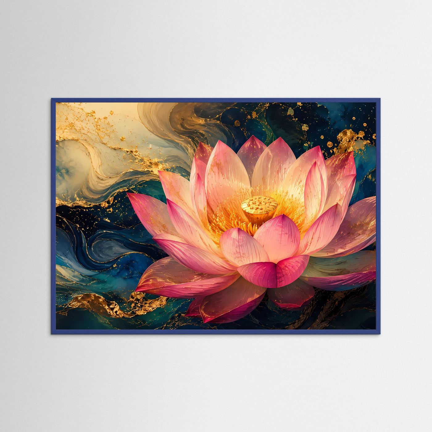Lotusblüte Poster | Elegante Lotusblume Wandbild | Abstrakte Blumenkunst in Blau und Gold | Moderne Premium Wall Art