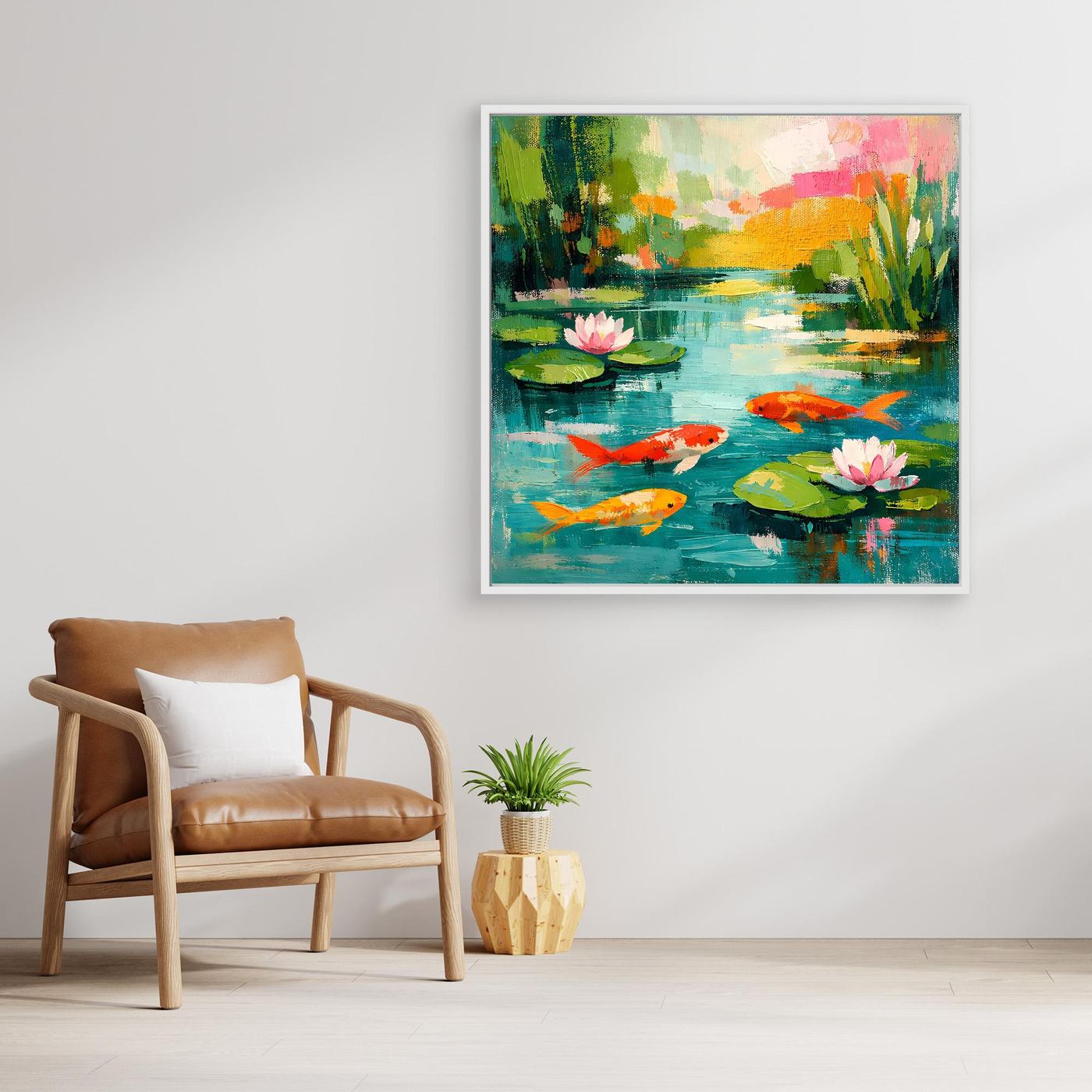Abstract koi pond wall art with silver-toned frame, koi fish and pink water lilies