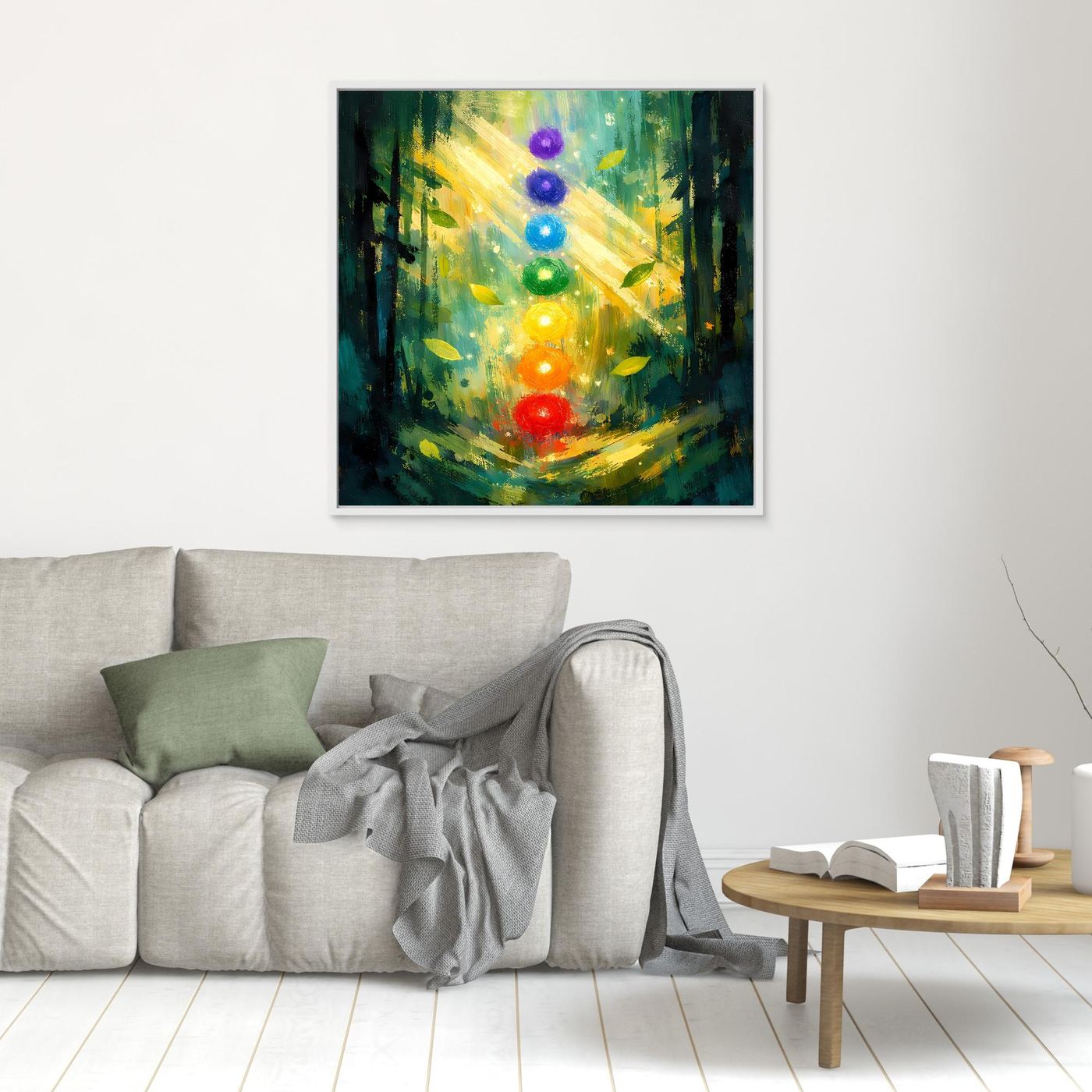 Leinwand-Wandbild mit sieben farbigen Chakren im Wald, weiß gerahmt