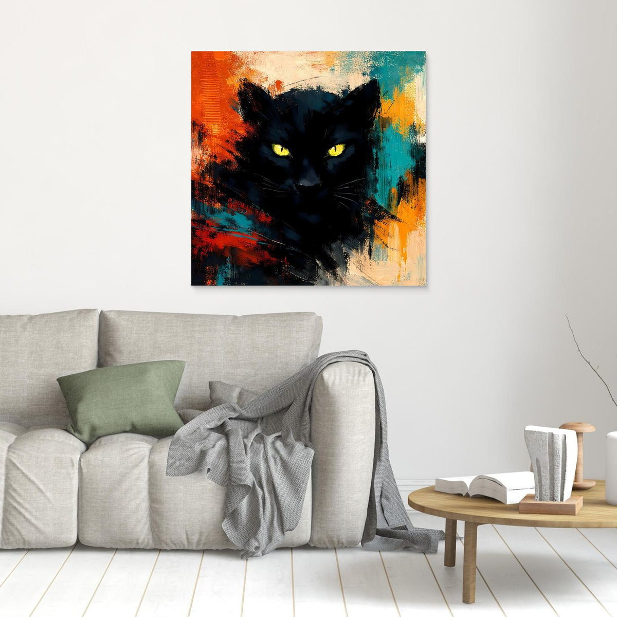 Leinwand-Wandbild mit schwarzem Pantherkopf und gelben Augen, abstrakte Farbflecken