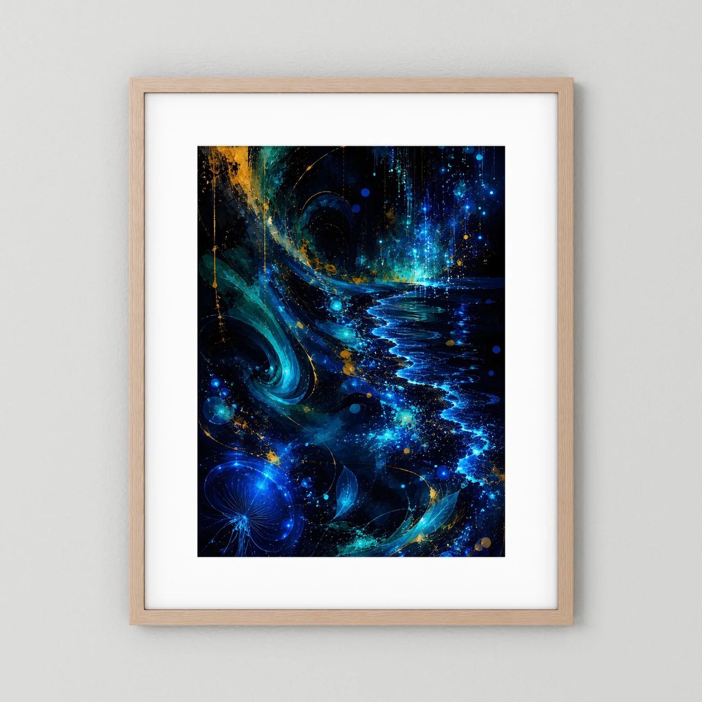 Poster im Hochformat mit abstrakten blauen und goldenen Wellen, breiter Eichenrahmen.