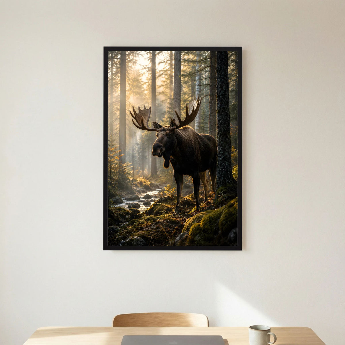 Elch-Naturposter im Wald mit Geweih-Elch vor Sonnenlicht, schwarzer Rahmen