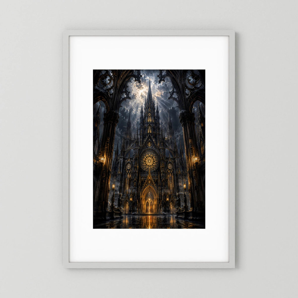 Hochformat-Poster mit gotischer Kathedrale in Schwarz und Gold, im Rahmen