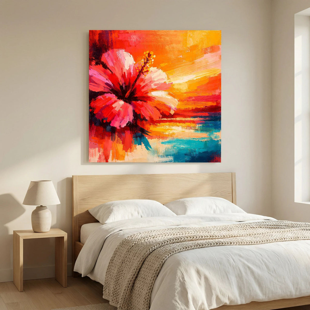 Hibiskusblüten-Abstraktbild auf Leinwand über Bett, rote Blüte, orangefarbener Himmel und Meerblau