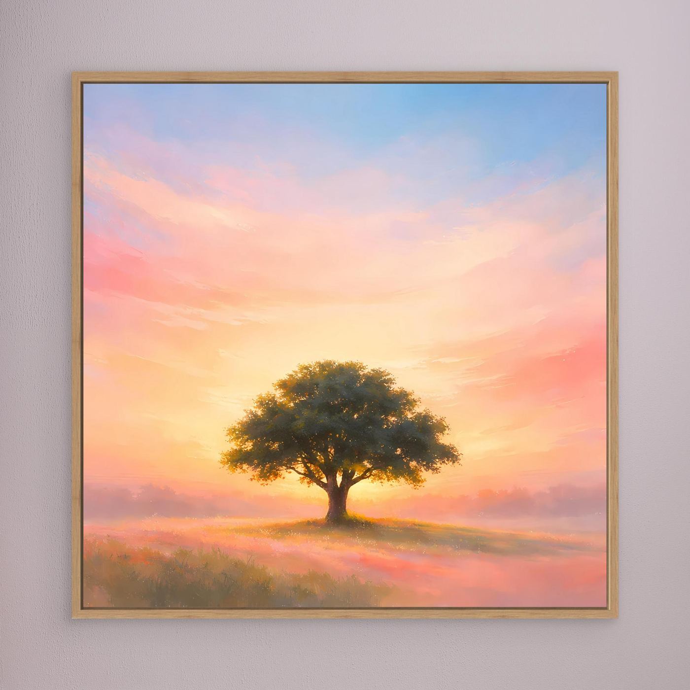 Wandbild mit Holzrahmen: einsamer Baum bei Pastell-Sonnenaufgang