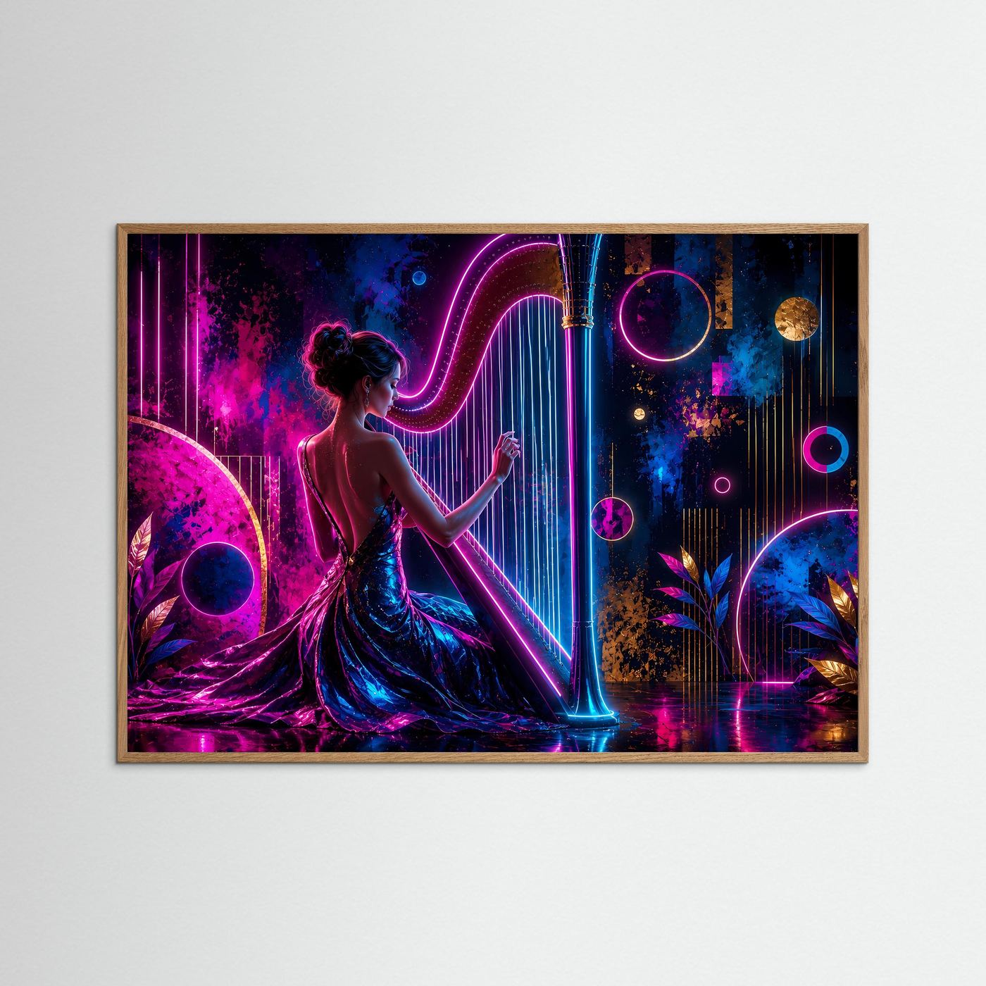 Harfenspielerin im Neonlicht | Moderne Musik Wandkunst in Pink & Blau