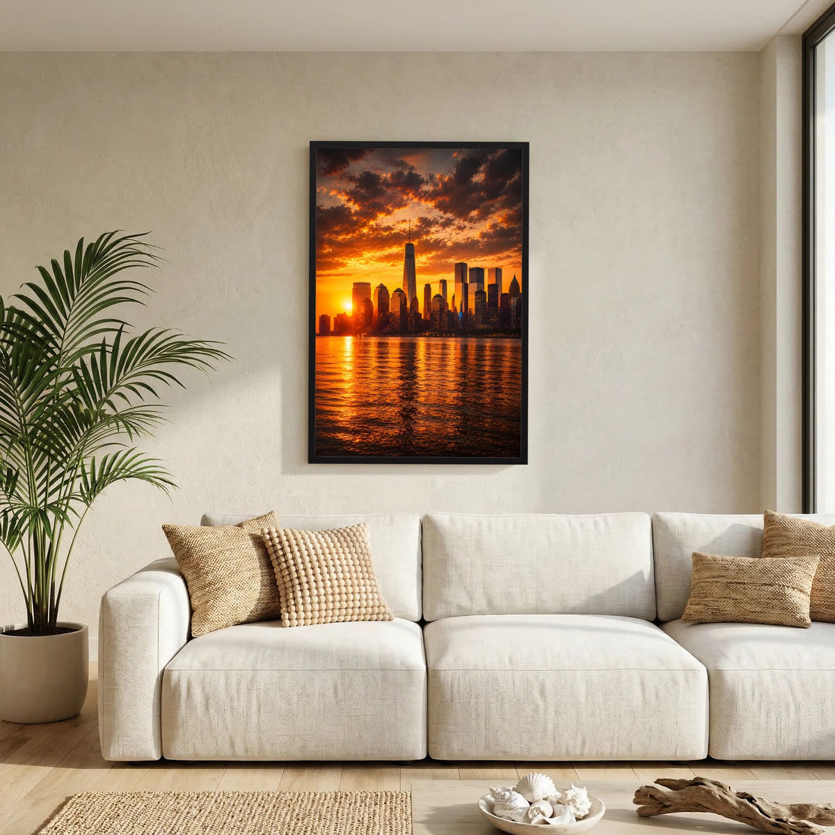 Hochformatiges Poster mit Skyline im Sonnenuntergang, Wasserreflexe in Orange und Schwarz, schwarzer Rahmen