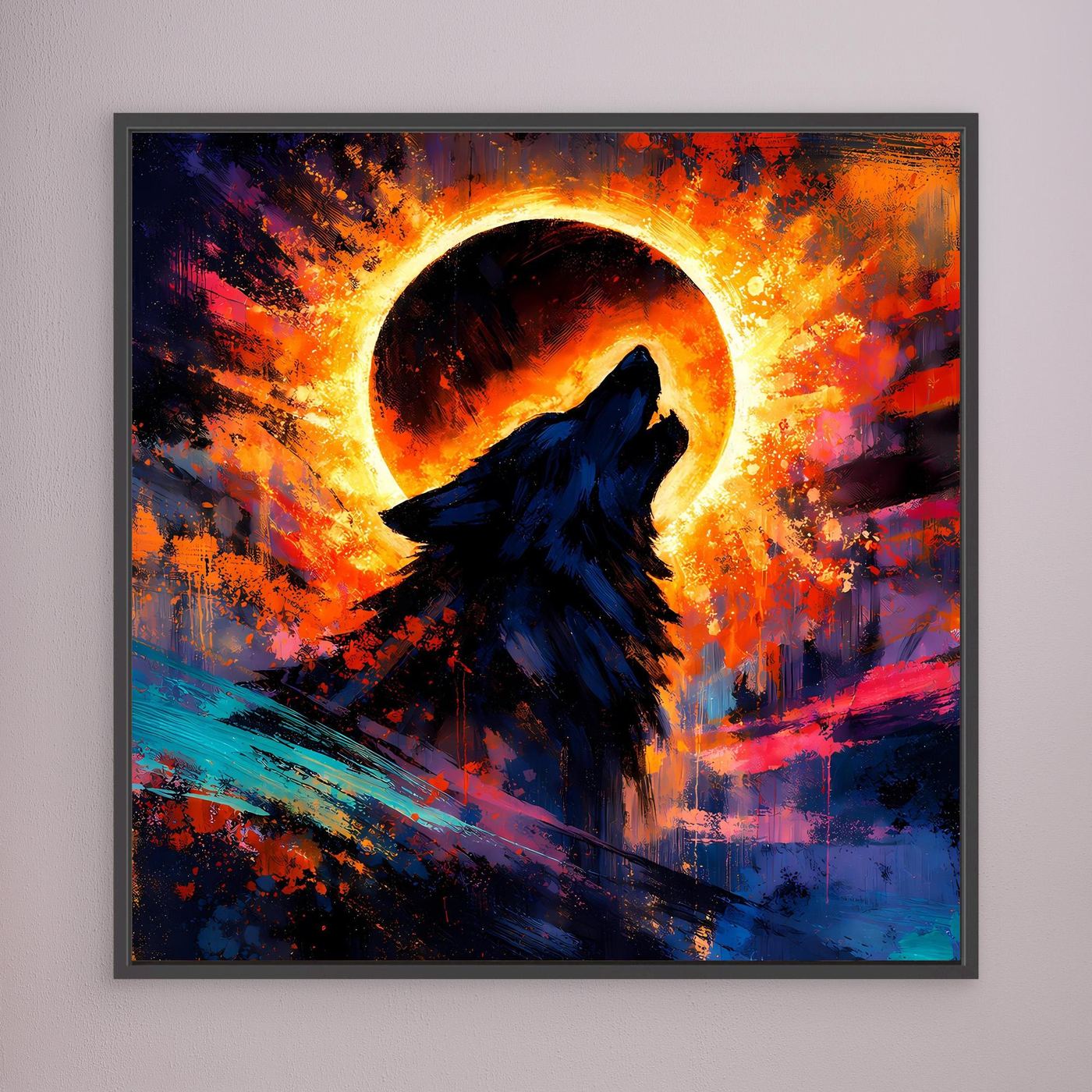 Wandbild mit heulendem Wolf zur Sonnenfinsternis, leuchtender Kreisbogen, kräftige Farben, schwarzer Rahmen