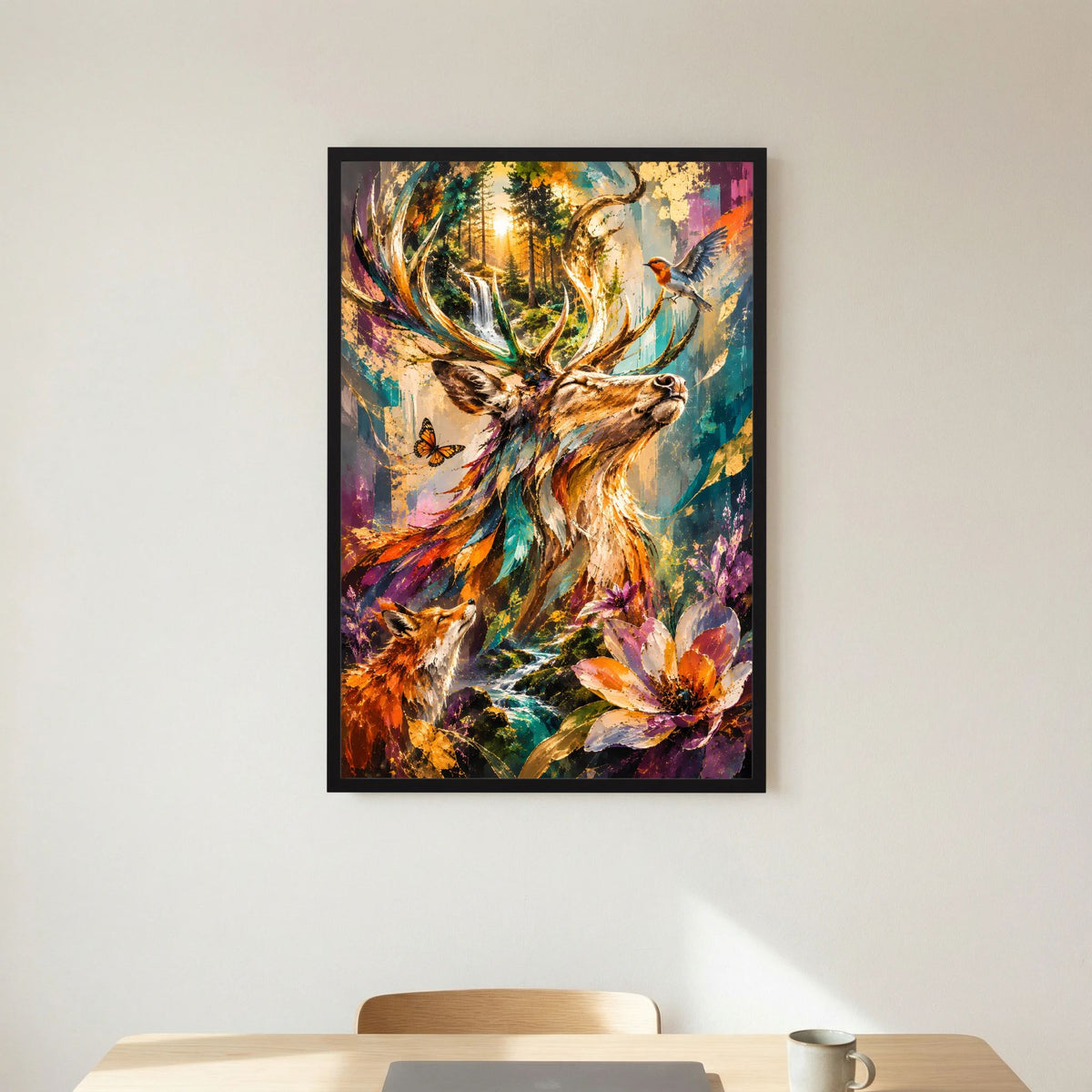 Hochformat-Poster mit Hirsch und Vogel im bunten Wald, schwarz gerahmt