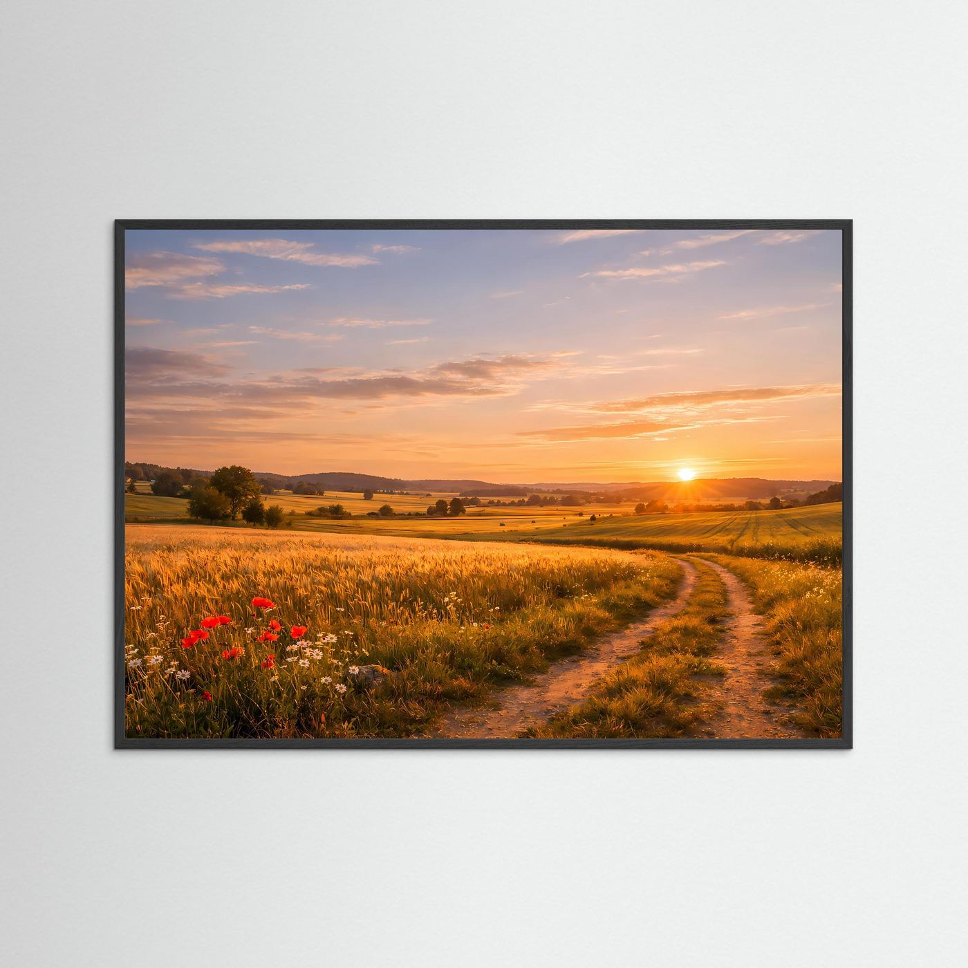 Idyllischer Sonnenuntergang im Kornfeld | Feldweg & Natur Poster Querformat