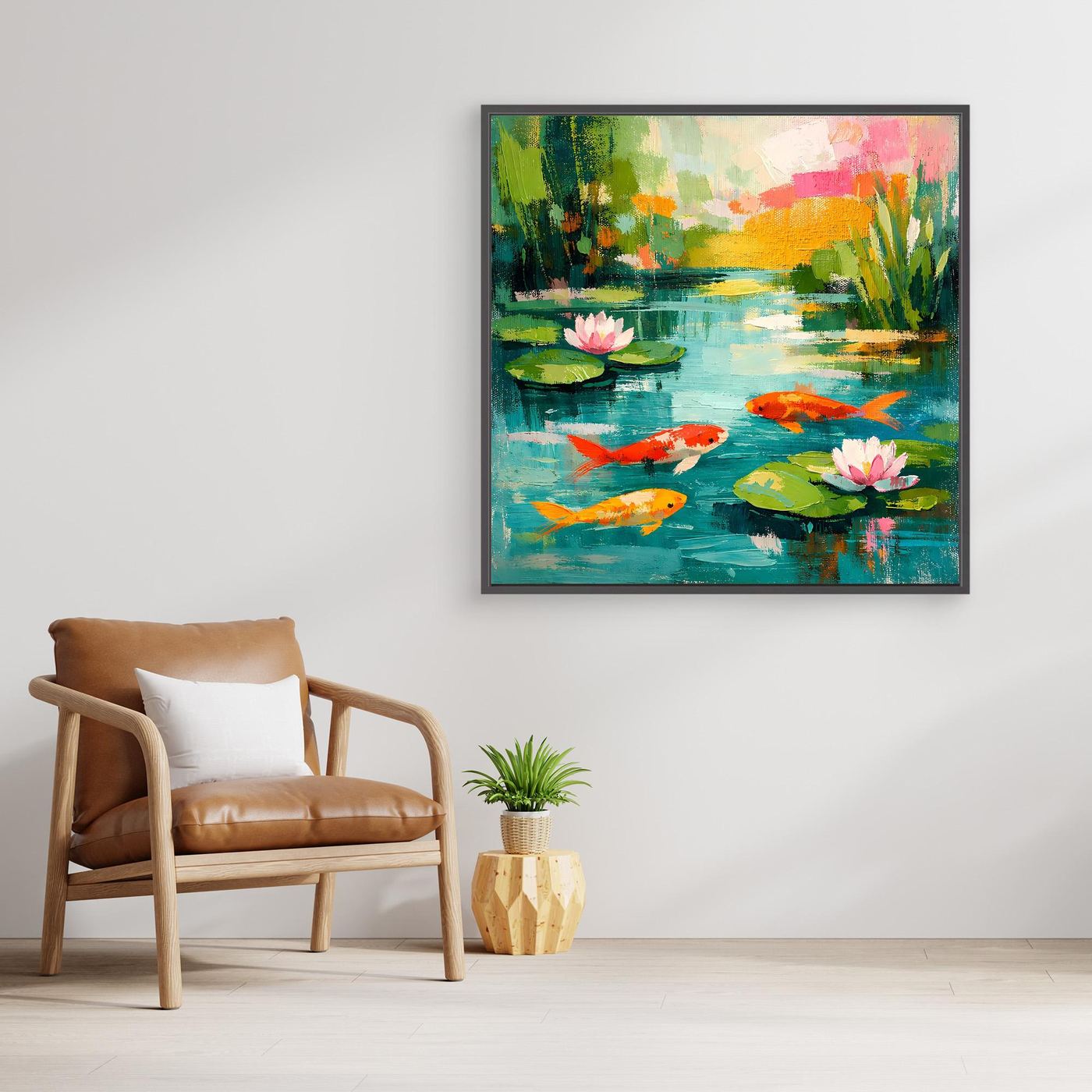 Abstract koi pond wall art with dark frame, koi fish and green lily pads