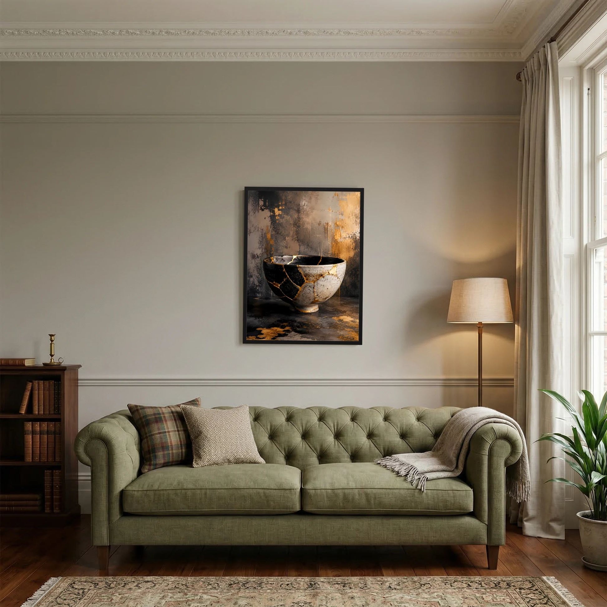 Gerahmtes Poster mit Kintsugi-Schale: schwarze und weiße Keramikschale mit goldenen Risslinien