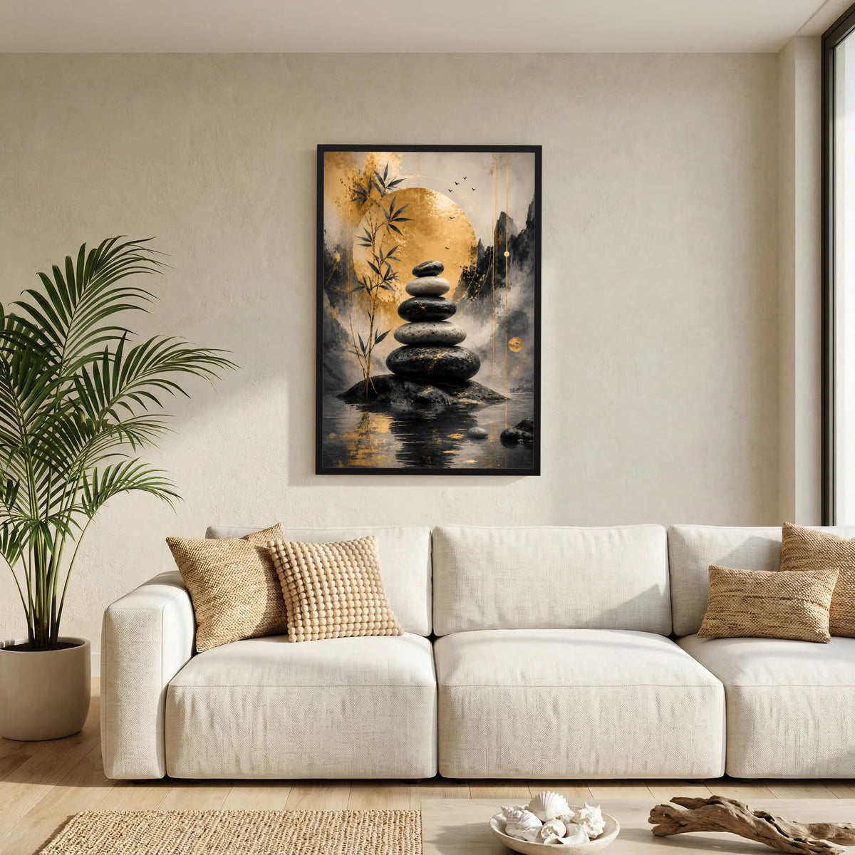 Hochformat-Poster im schwarzen Rahmen mit Bambus und Stein-Stapel in Schwarz-Gold