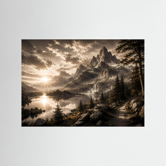 Querformat-Poster Berg-See-Landschaft bei Sonnenaufgang, ohne Rahmen
