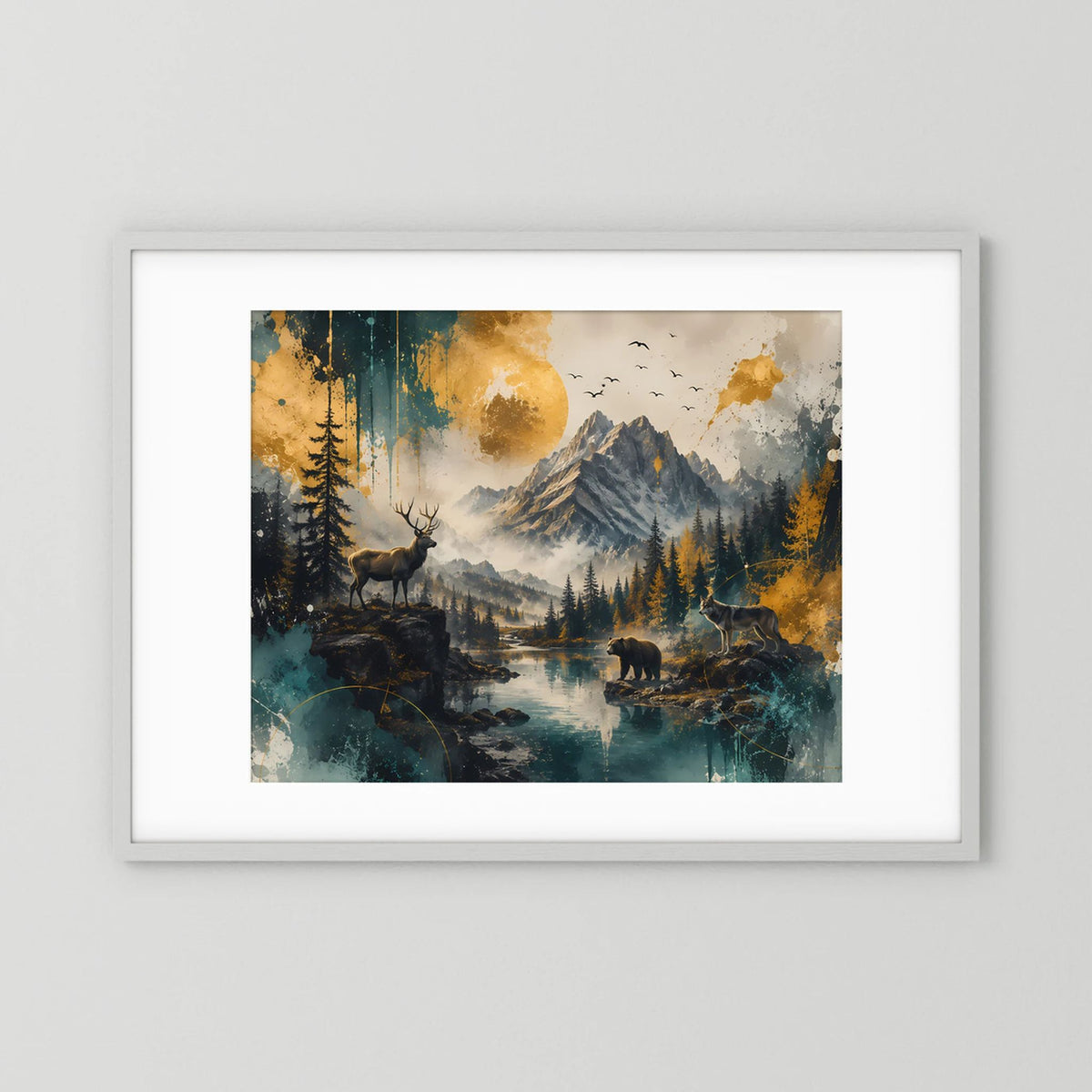 Wildtiere in majestätischer Berglandschaft | Hirsch Wolf und Bär | Poster Querformat