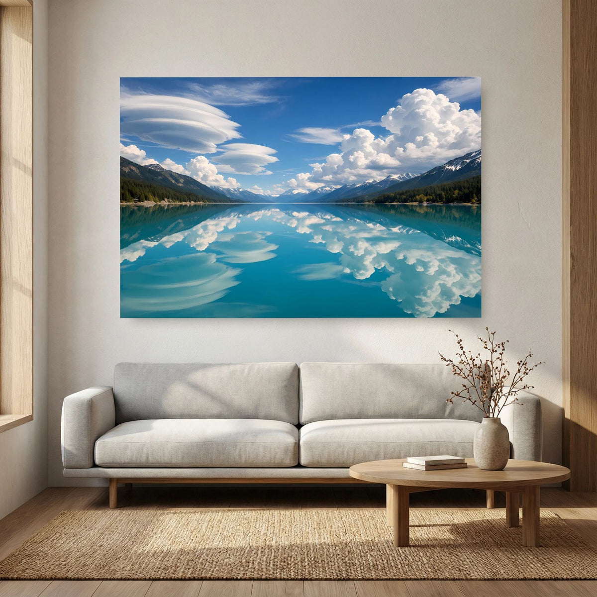 Wandbild im Querformat mit Bergsee, türkisfarbenem Wasser und Wolkenhimmel