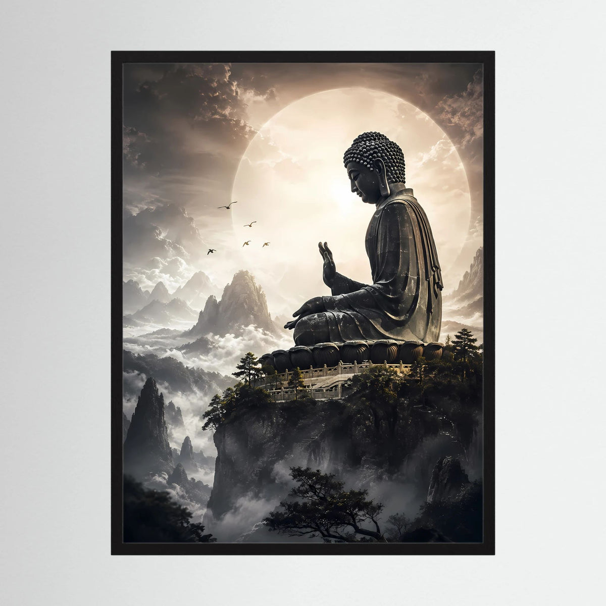 Poster im Hochformat mit meditierendem Buddha über Wolken, Schwarzrahmen und Mondsichel
