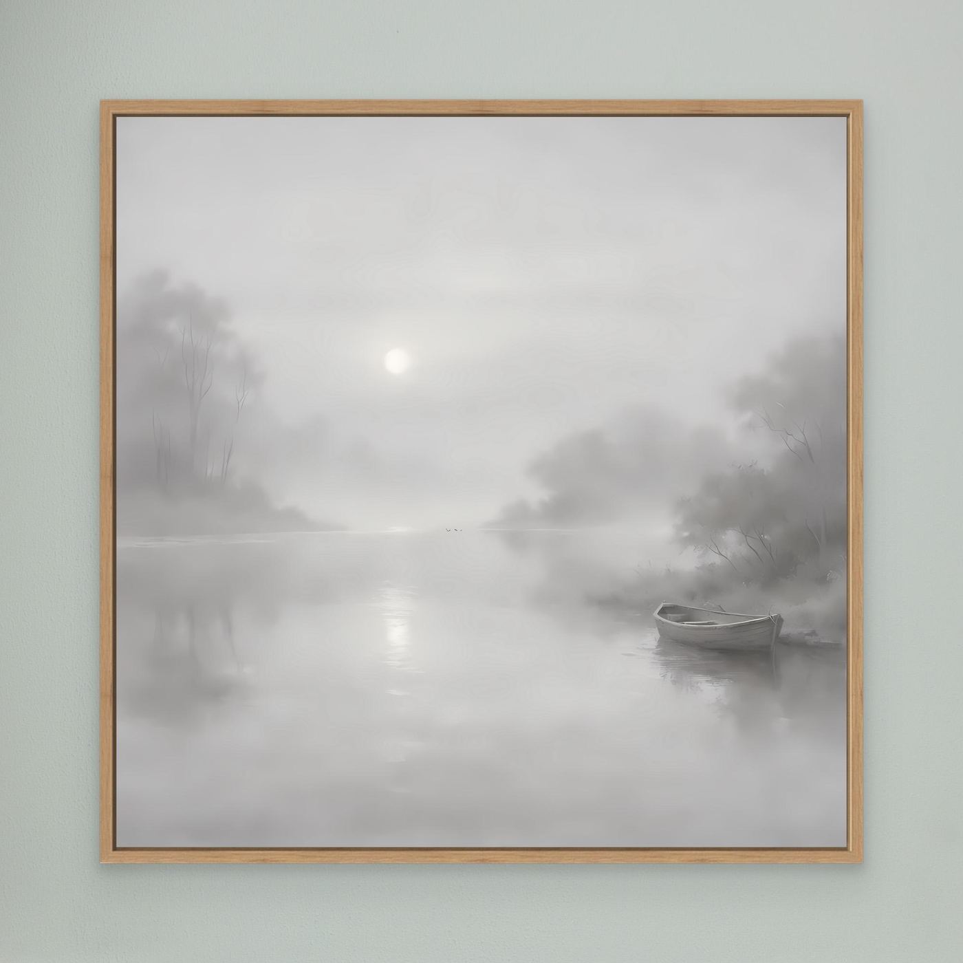 Leinwandbild mit nebligem Flussmotiv in Grau, quadratisch, Eichenrahmen