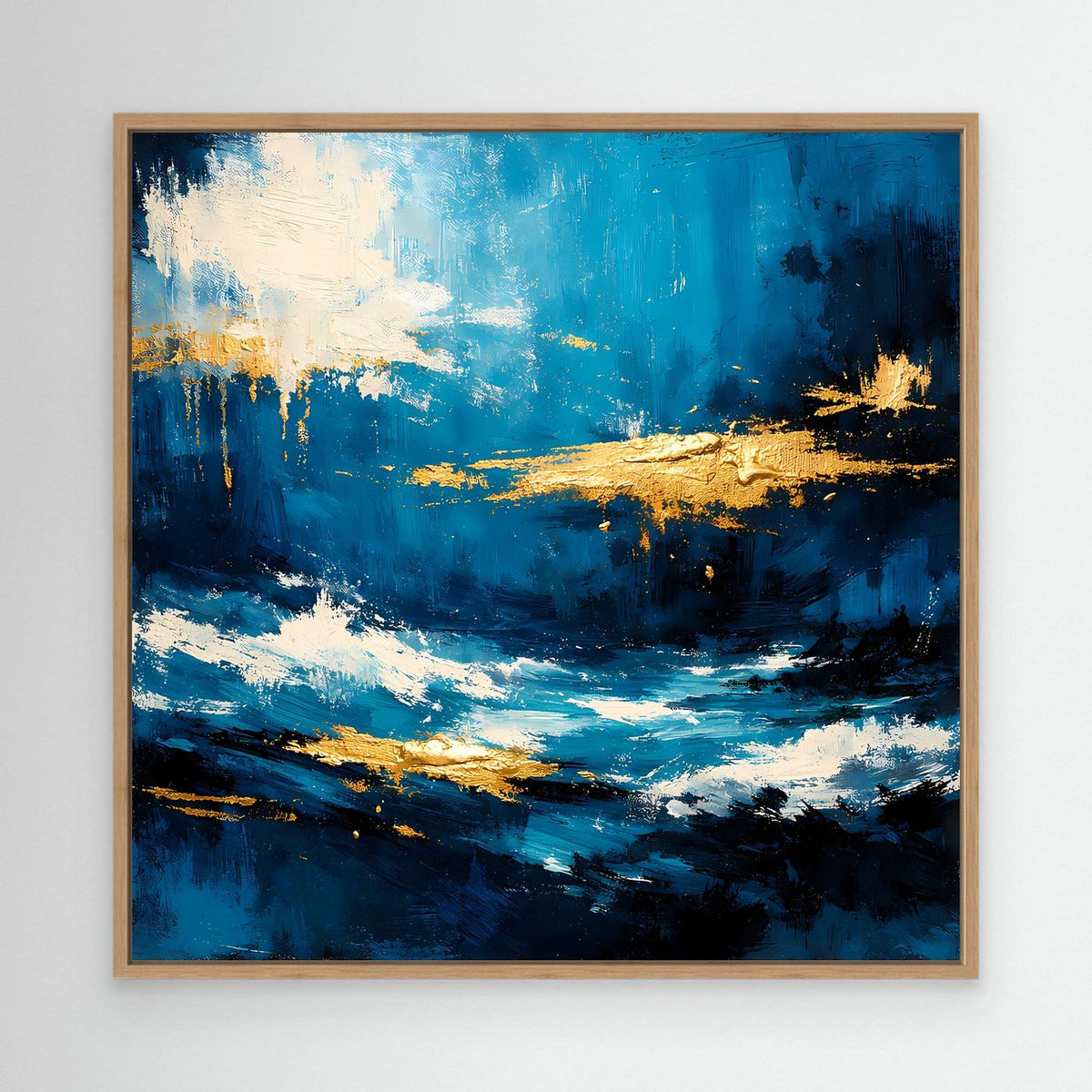 Leinwandbild mit abstrakten Meereswellen in Blau und Gold, im Holzrahmen