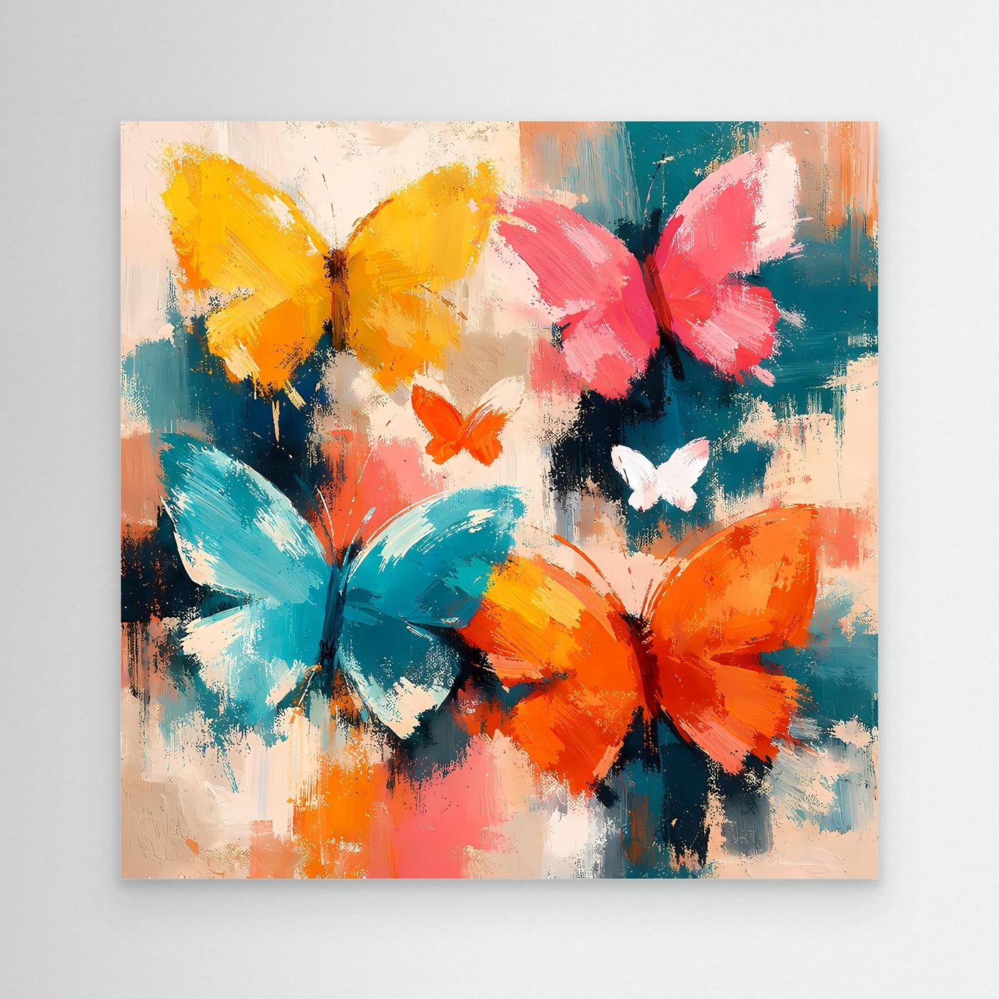 Leinwand Farbenfrohe Schmetterlinge im Flug | Abstraktes Natur & Frühling Wandbild