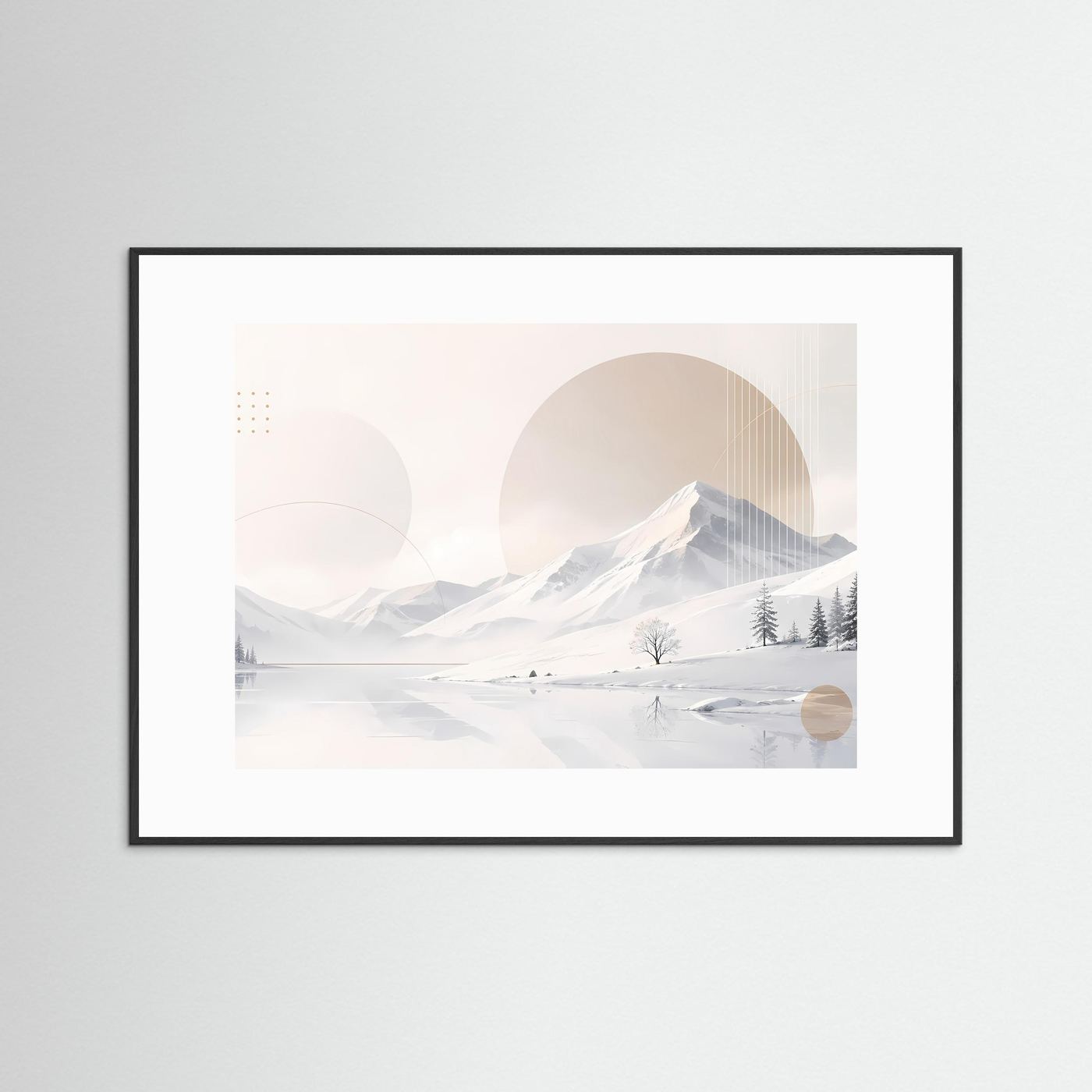 Poster im Querformat mit winterlicher Berglandschaft, schwarzer Holzrahmen, Weiß-Beige