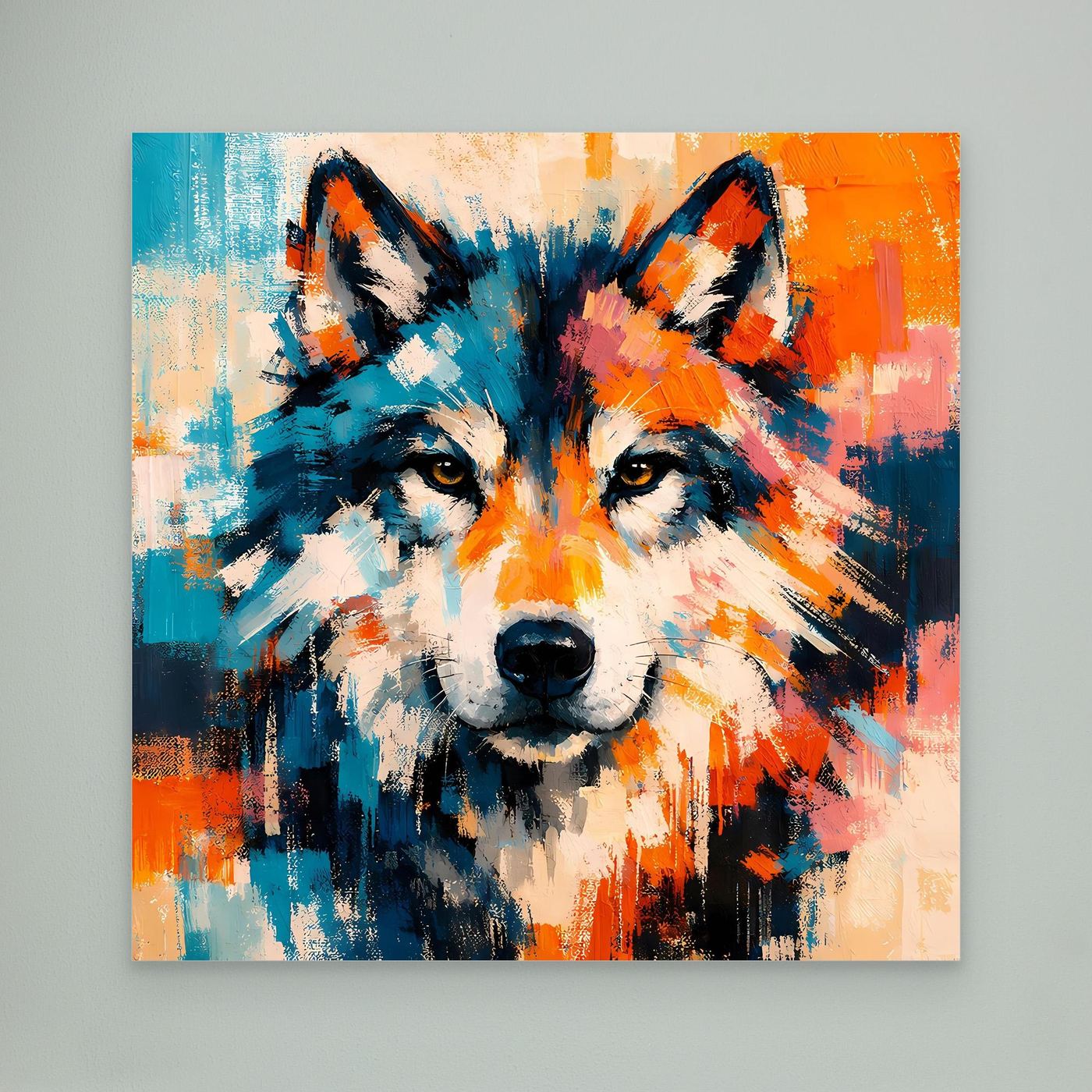 Abstract wolf canvas wall art with blue, orange, and black brushstrokes, unframed