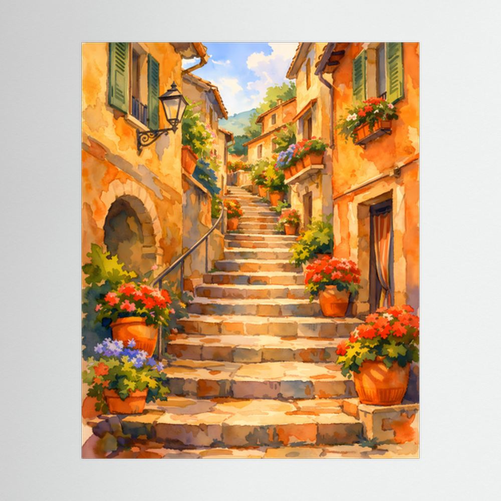 Hochformat-Wandposter mit Treppengasse und bunten Blumen in Tontöpfen
