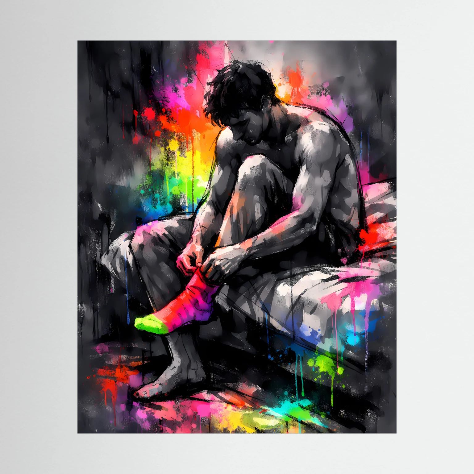 Neon-Wandposter: Sportler zieht Socken an, schwarz-graue Figur mit bunten Farbspritzern
