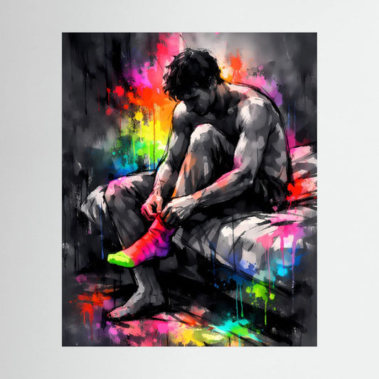 Neon-Wandposter: Sportler zieht Socken an, schwarz-graue Figur mit bunten Farbspritzern