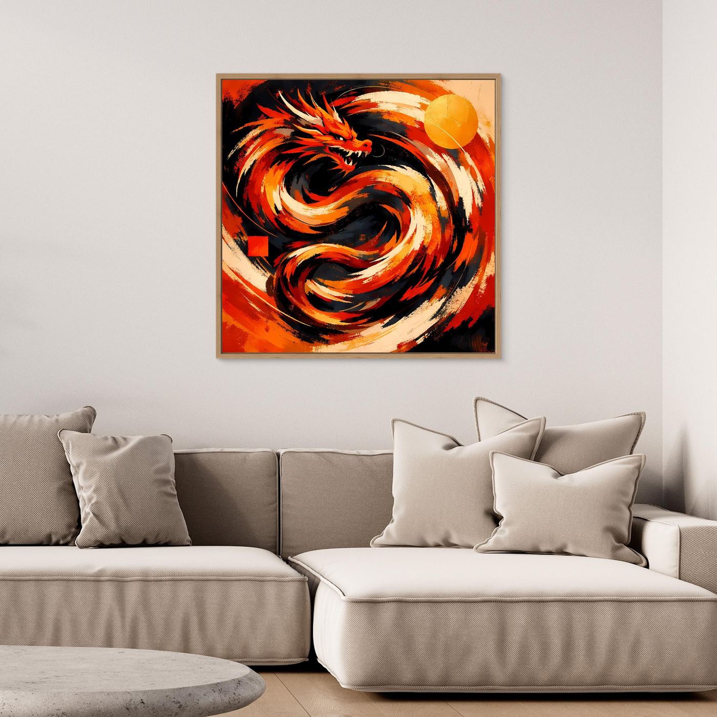 Quadratisches Leinwand-Wandbild: abstrakter roter Drache mit schwarzer, gelb-oranger Wirbelstruktur