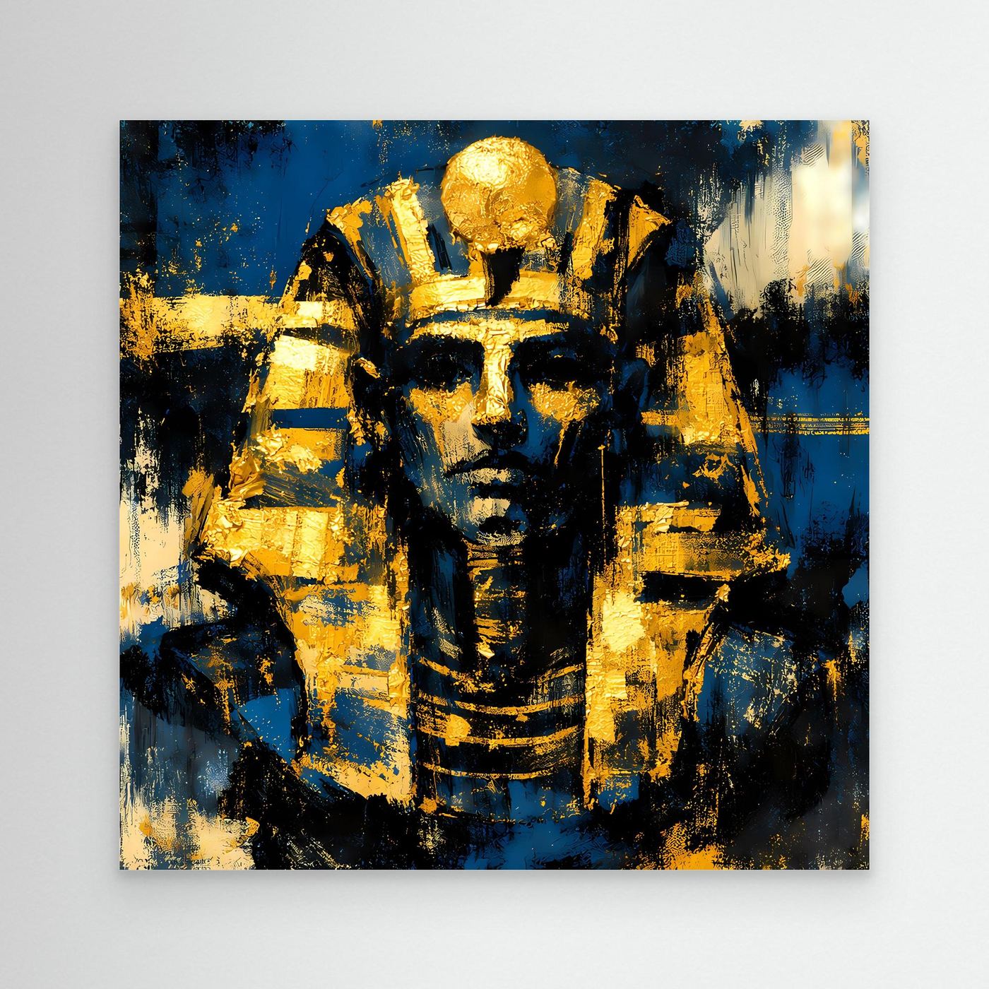 Leinwandbild mit Pharao-Porträt, blau-goldene Farbflecken, goldene Kopfbedeckung, ohne Rahmen
