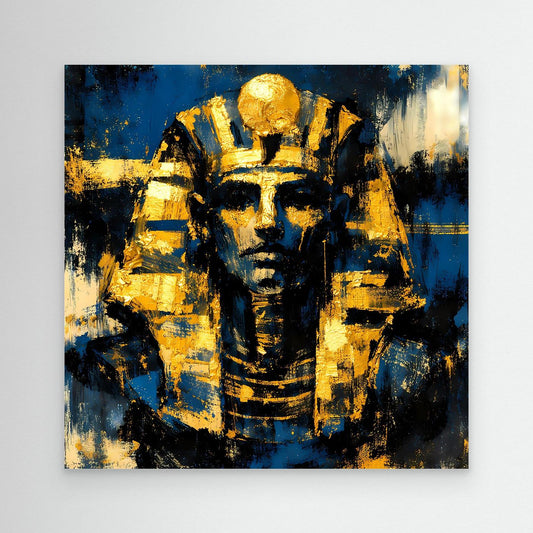 Leinwandbild mit Pharao-Porträt, blau-goldene Farbflecken, goldene Kopfbedeckung, ohne Rahmen
